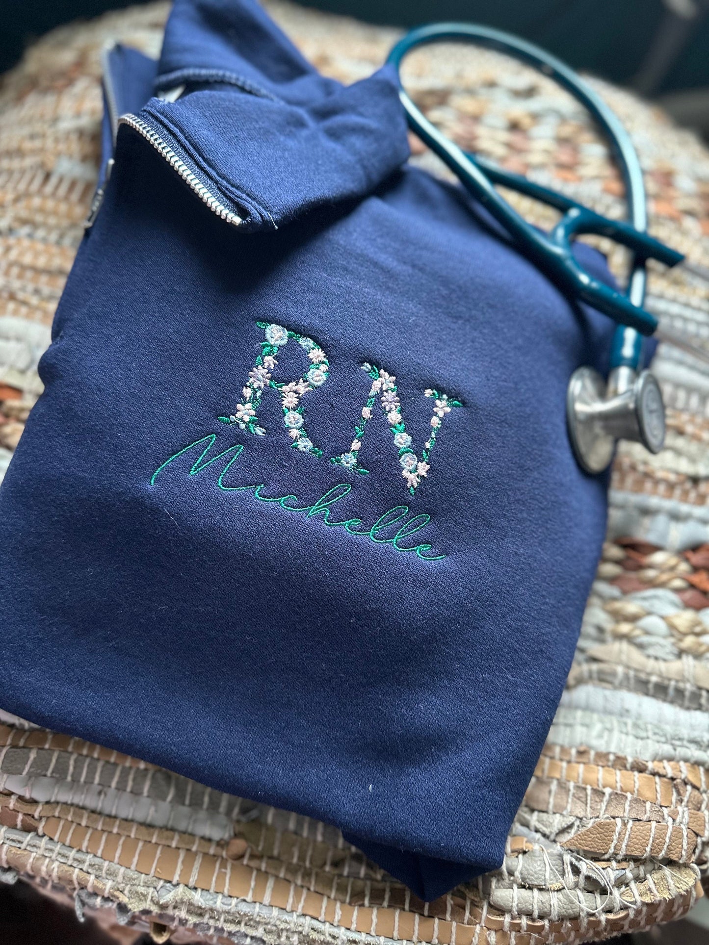Custom Embroidered nurse quarter zip - Floral RN Jacket - Floral Nurse jacket - personalized quarter zip floral zip jack - nurse gift