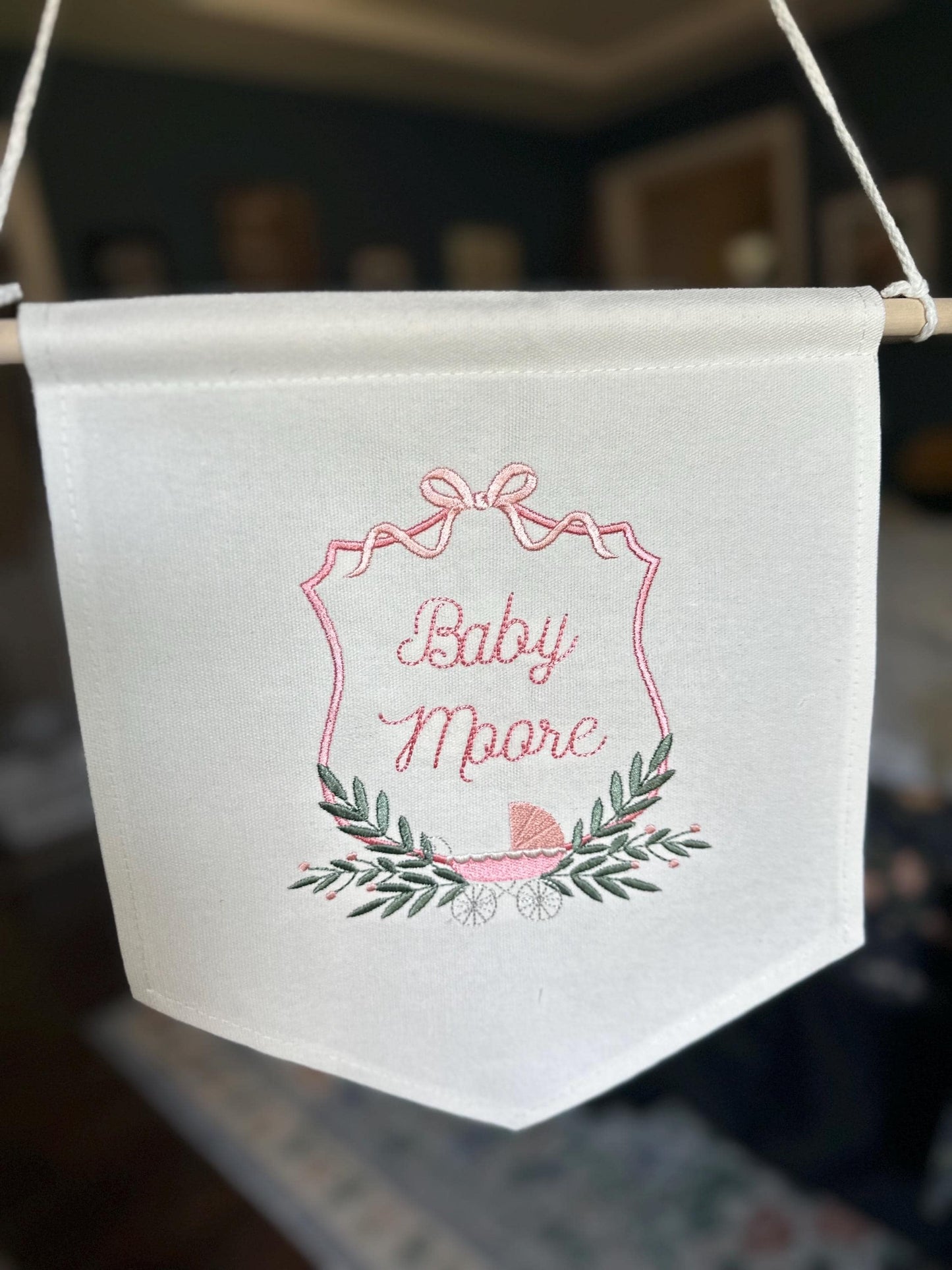 Embroidered Baby Banner with Girl Carriage Nursery Baby Banner - Garriage Welcome Banner - Girl Hospital Door Sign - Vintage Baby Shower