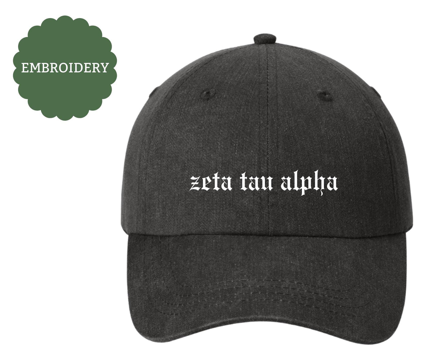 Embroidered Zeta Tau Alpha Hat - ZTA wear - Sorority baseball cap - Big/Little Gift - Sorority Greek Licensed Merch - ZTA Hat Old English