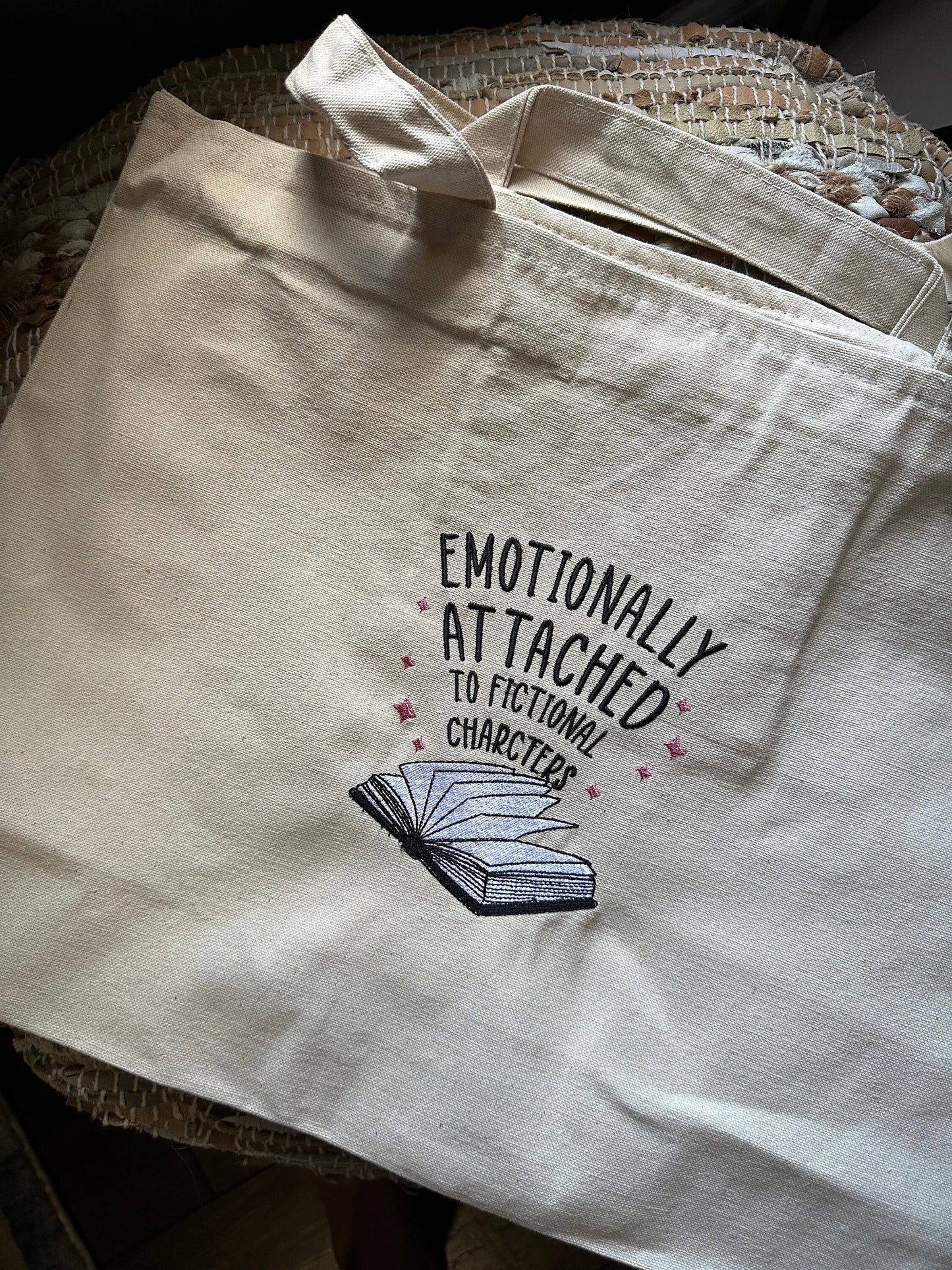 Embroidered Emotionally Attached to Fictional Character Book Tote - Book Bag - Book Store Bag - Library Bag - Booktok Canvas bag
