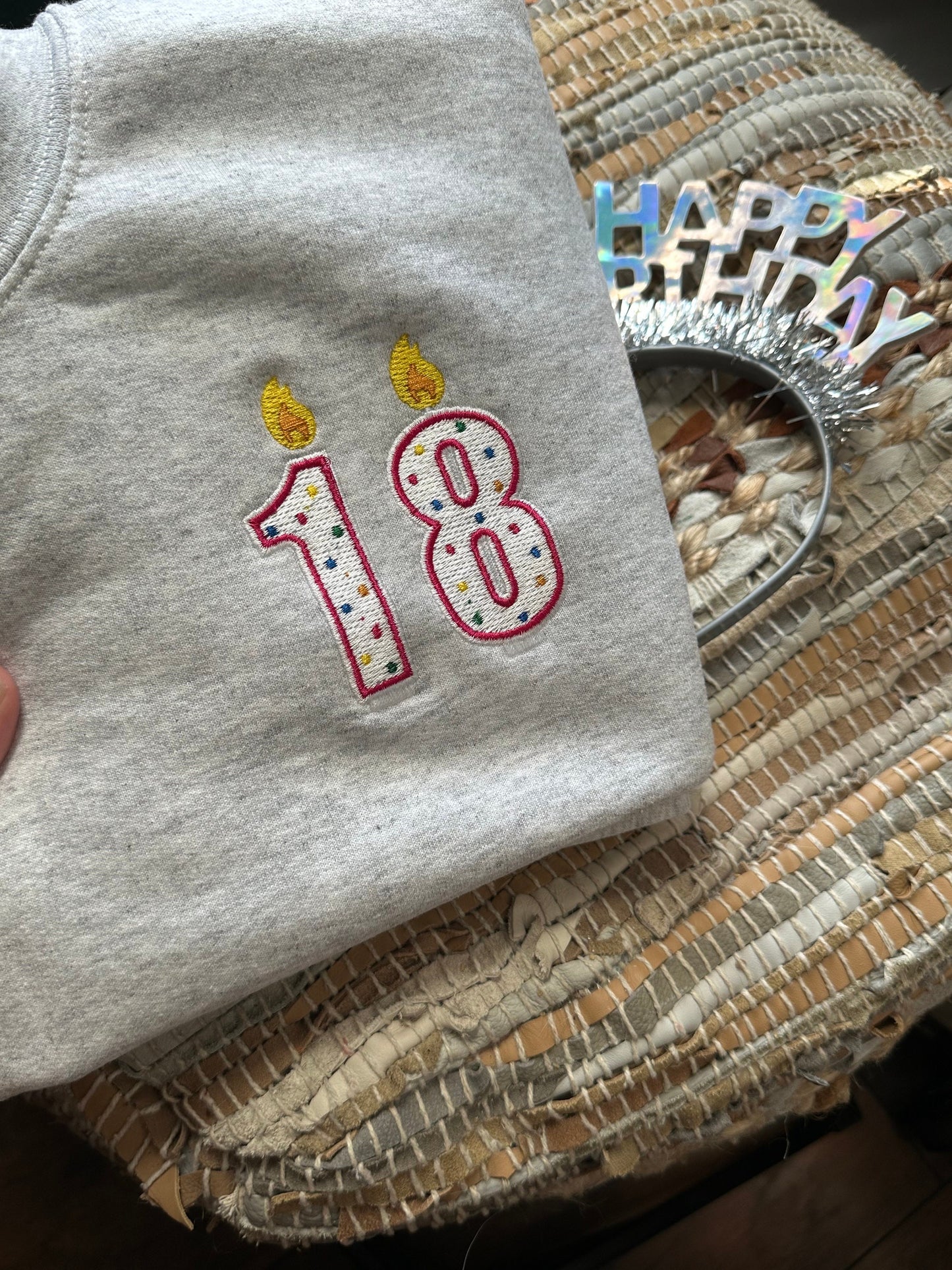 Embroidered birthday candle keepsake sweatshirt, birthday gift, personalized birthday sweatshirt, custom birthday sweatshirt