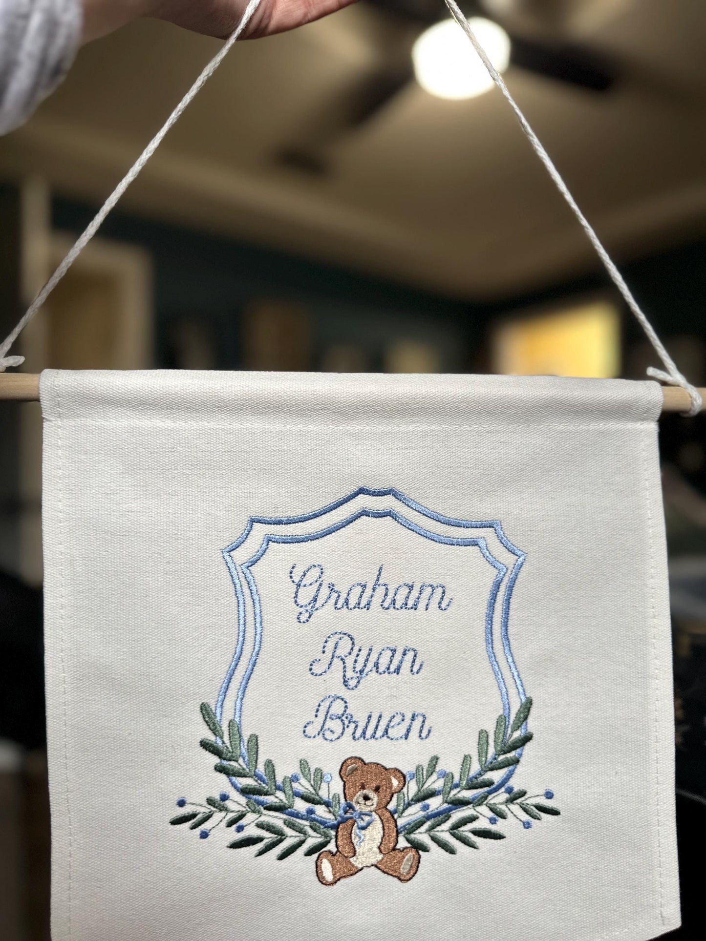 Embroidered Vintage Bear Nursery Baby Banner - Carriage Welcome Banner - Boy Hospital Door Sign - Vintage Baby Shower - Bear Banner