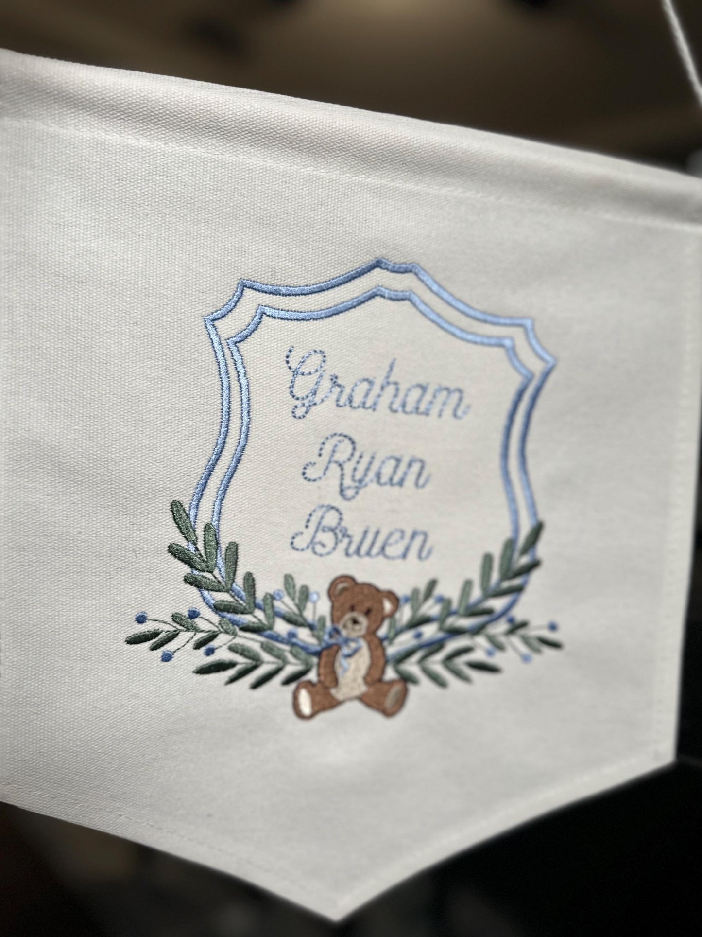 Embroidered Vintage Bear Nursery Baby Banner - Carriage Welcome Banner - Boy Hospital Door Sign - Vintage Baby Shower - Bear Banner