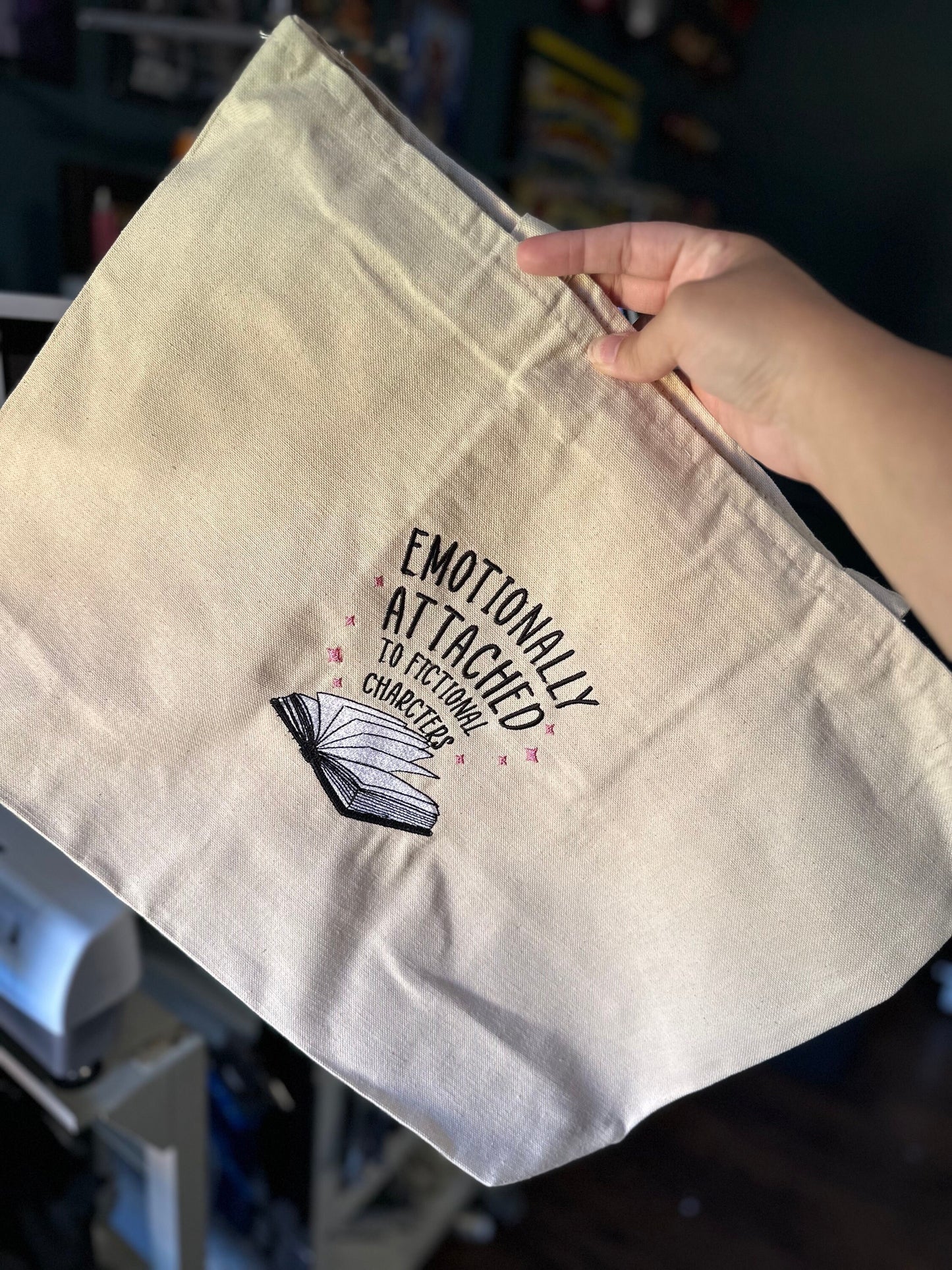 Embroidered Emotionally Attached to Fictional Character Book Tote - Book Bag - Book Store Bag - Library Bag - Booktok Canvas bag