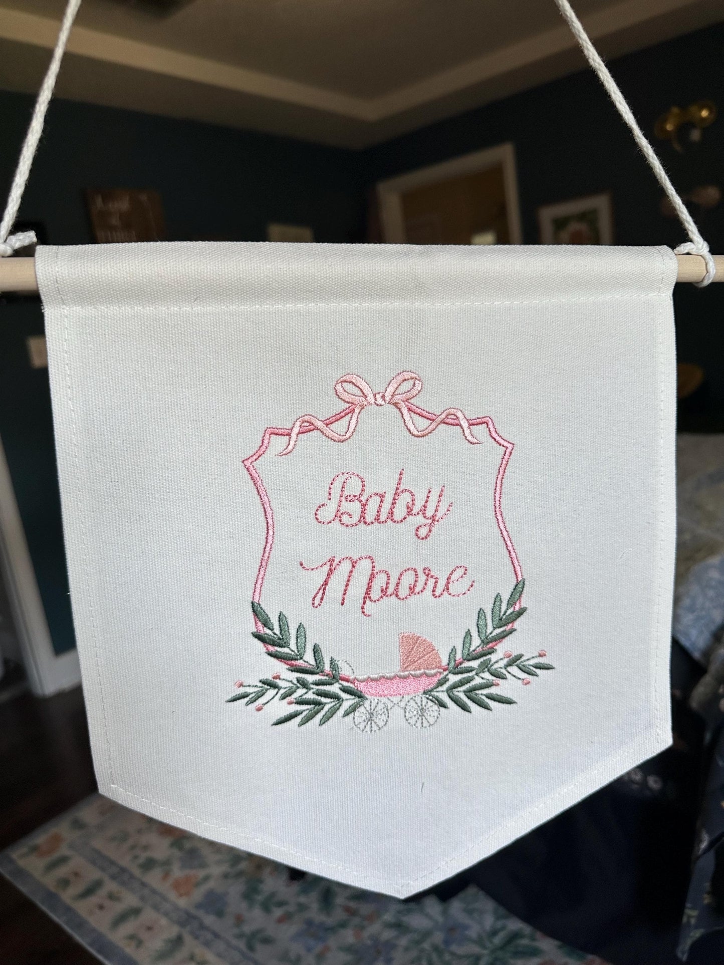 Embroidered Baby Banner with Girl Carriage Nursery Baby Banner - Garriage Welcome Banner - Girl Hospital Door Sign - Vintage Baby Shower