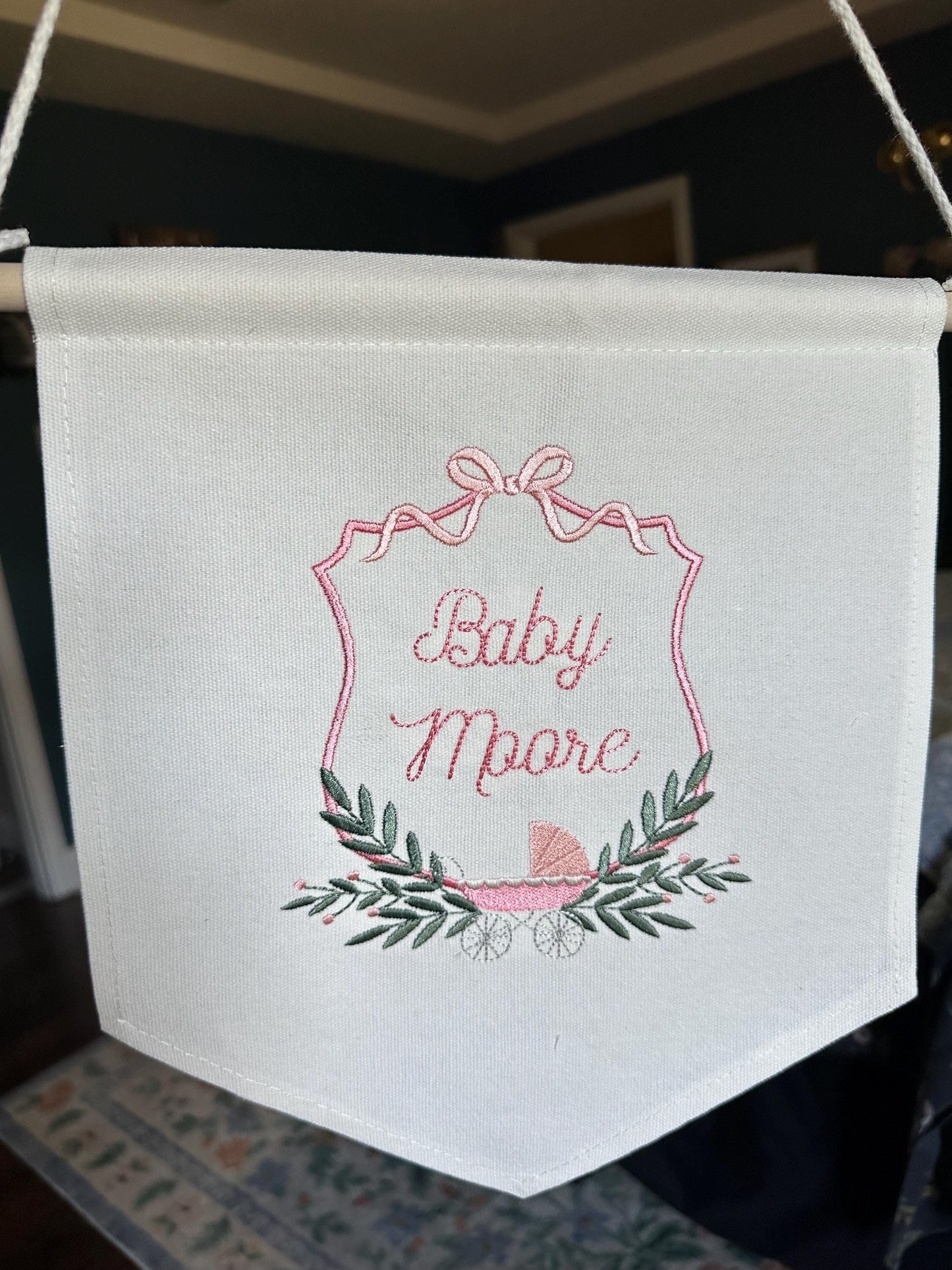 Embroidered Baby Banner with Girl Carriage Nursery Baby Banner - Garriage Welcome Banner - Girl Hospital Door Sign - Vintage Baby Shower
