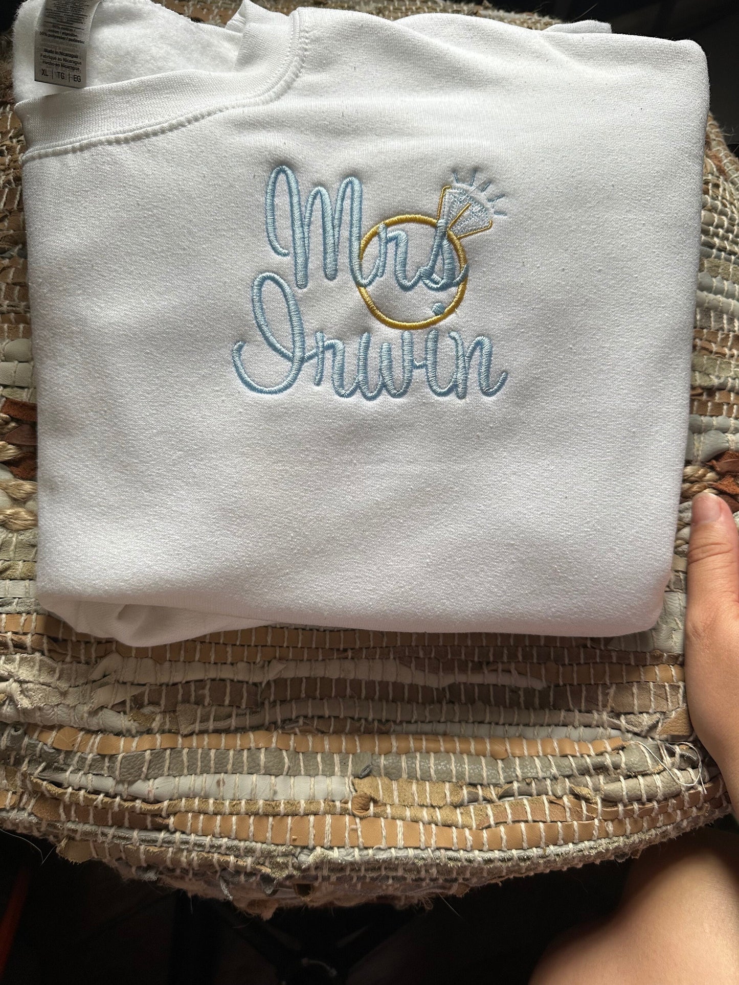 Embroidered Bride and ring sweatshirt - Domething Blue Shirt - Bridal shower gift - engagement ring shower gift - honeymoon sweatshirt