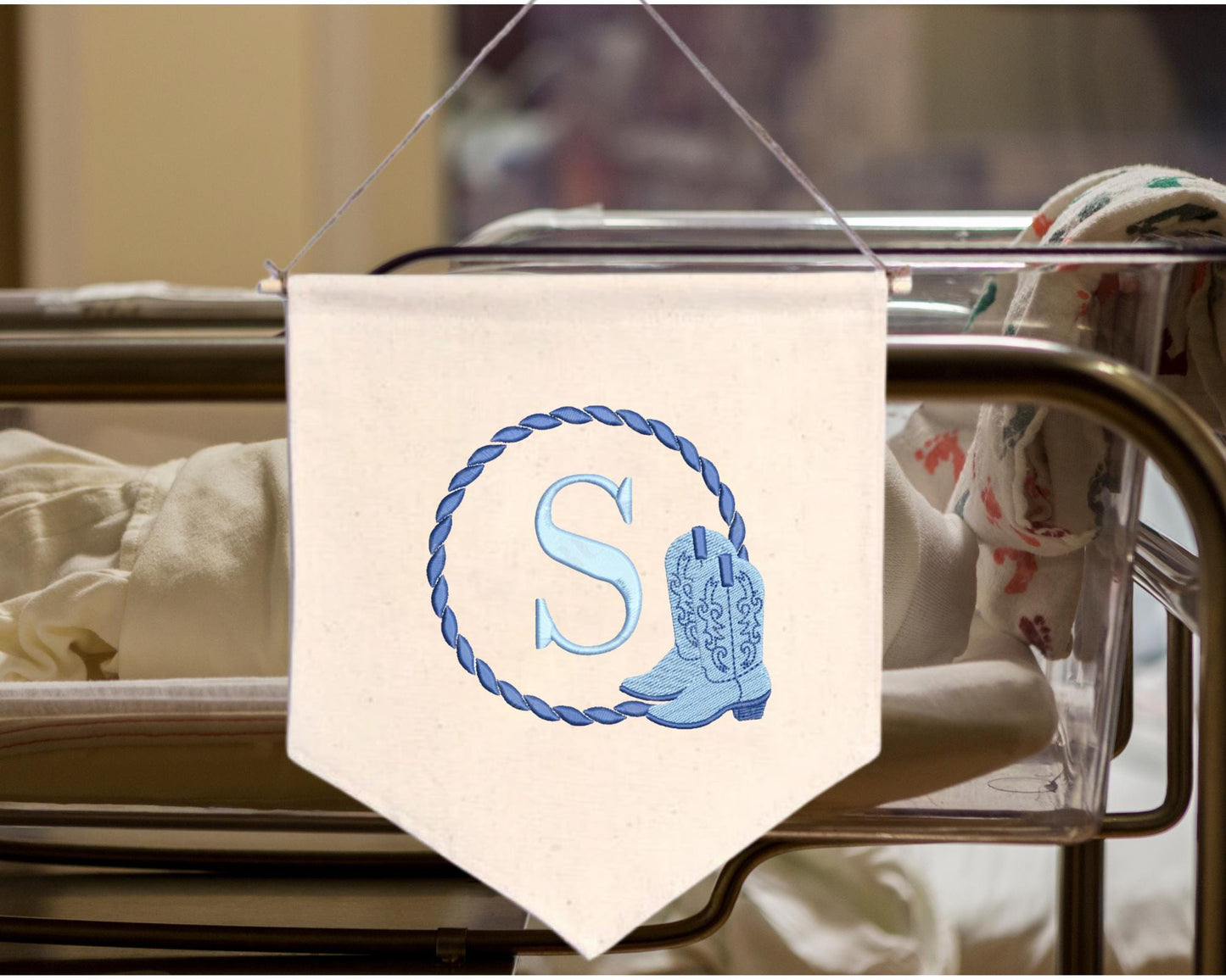 Embroidered boot Nursery Baby Boy Banner - Country Welcome Banner - Boy Hospital Door Sign - Country Baby Shower