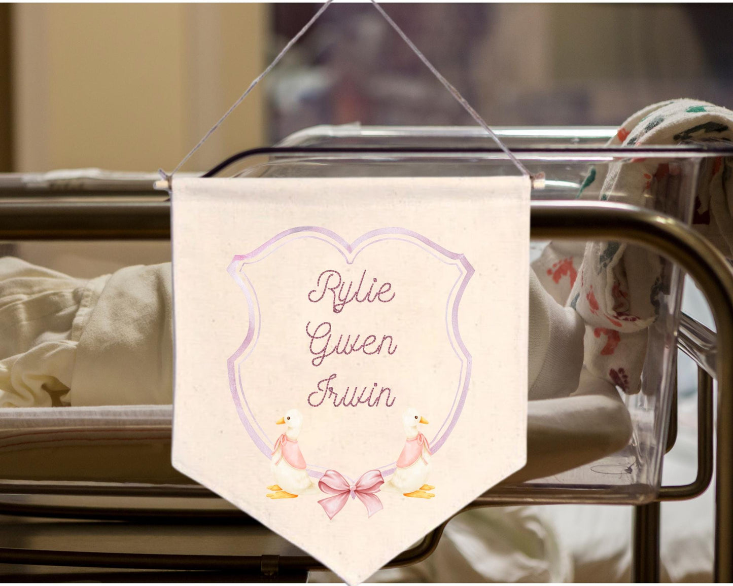 Embroidered Baby Banner with beintage ducks Nursery Baby Banner - Duckling Welcome Banner - Girl Hospital Door Sign - Vintage Baby Shower