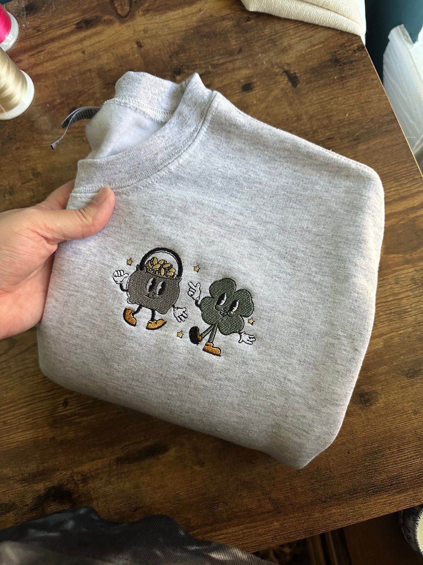 Embroidered Shamrock and pot of gold, Women's St. Patrick's Day Sweatshirt, Embroidered St. Patty's Day Crewneck, Festive St. Patty Sweater