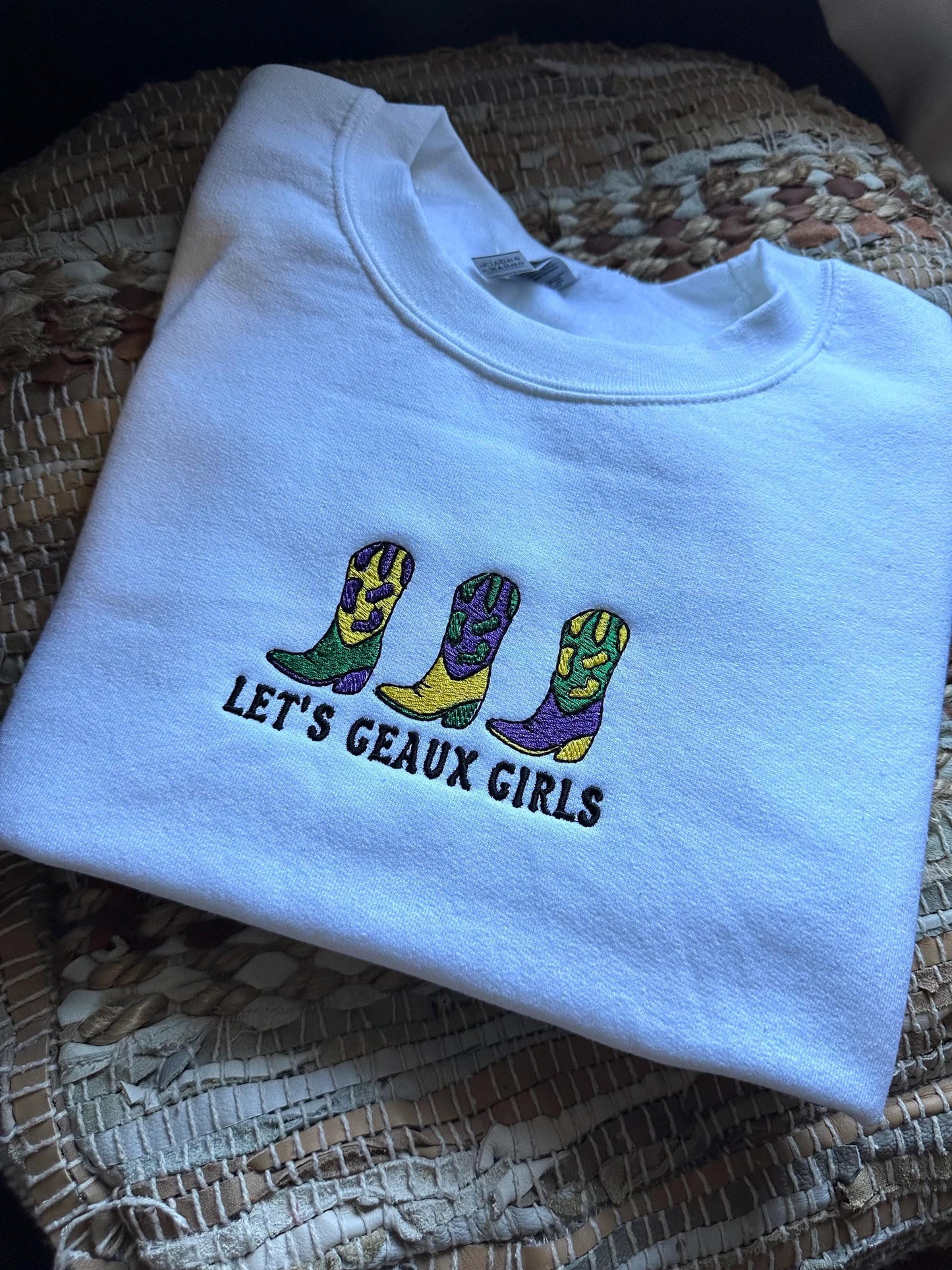 Custom Embroidered Mardi Gras Sweatshirt, Embroidered Louisiana Sweatshirt, Crawfish season, Embroidered cowgirl crewneck, Geaux Girls