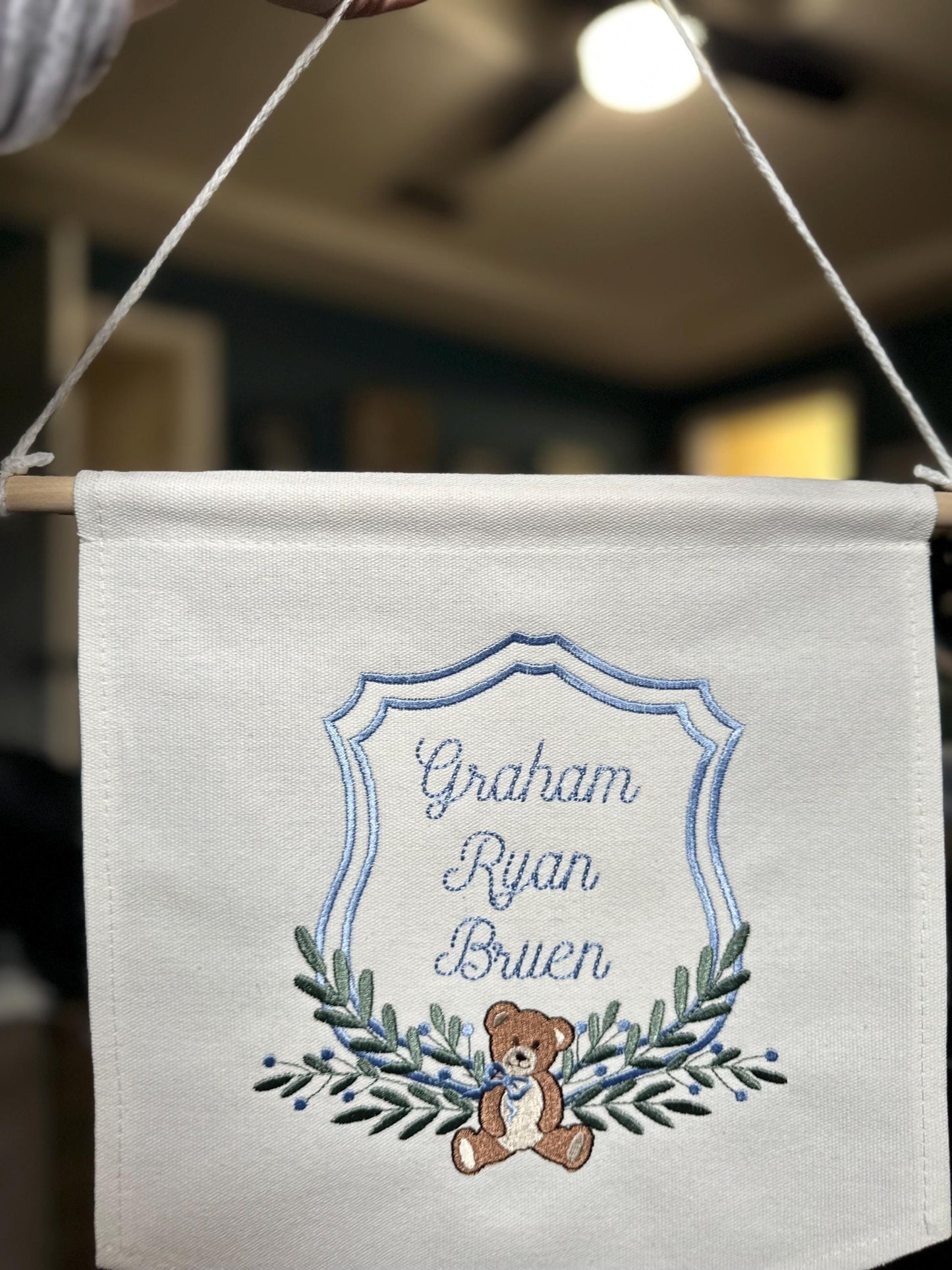 Embroidered Vintage Bear Nursery Baby Banner - Carriage Welcome Banner - Boy Hospital Door Sign - Vintage Baby Shower - Bear Banner