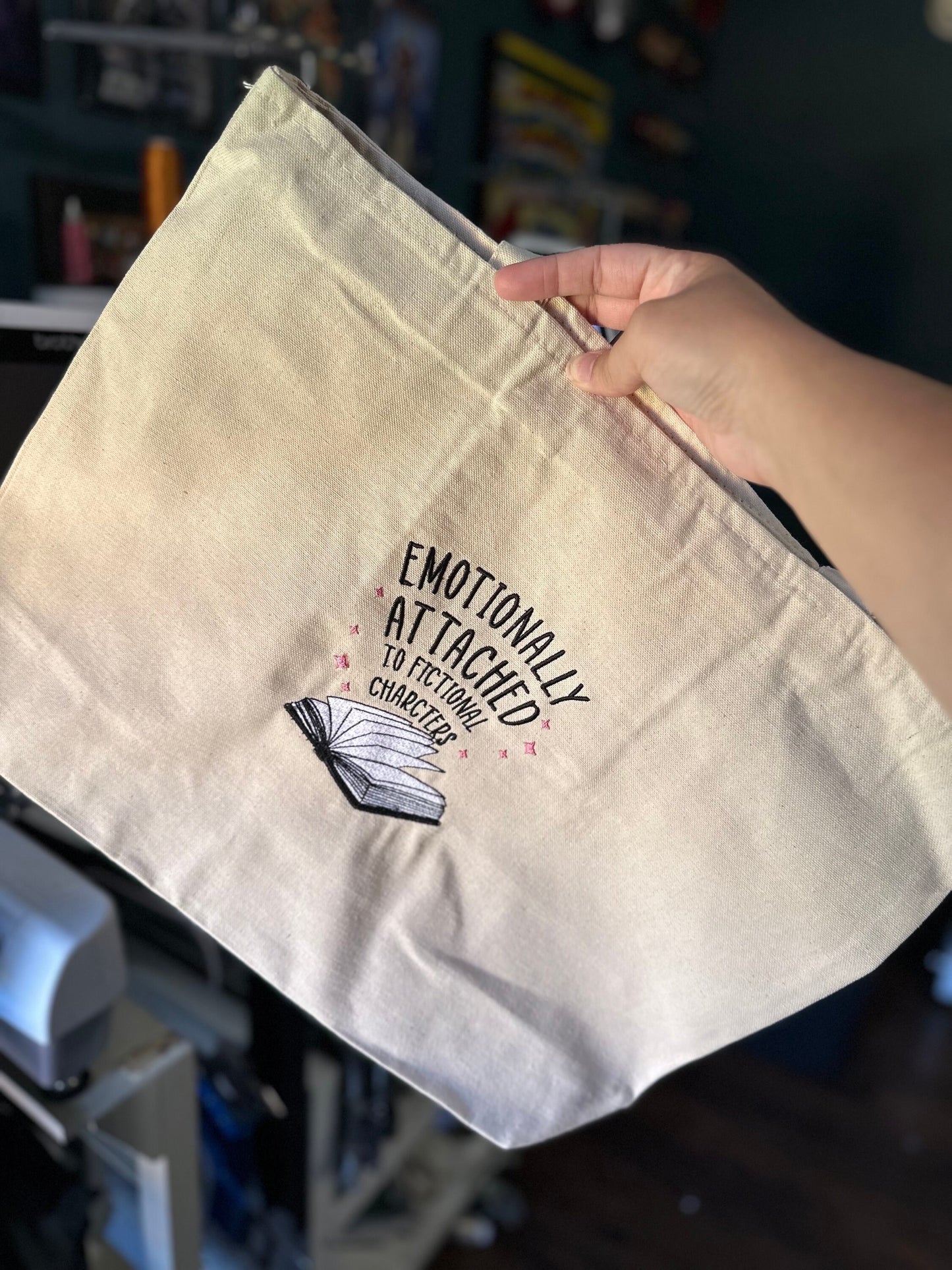 Embroidered Emotionally Attached to Fictional Character Book Tote - Book Bag - Book Store Bag - Library Bag - Booktok Canvas bag