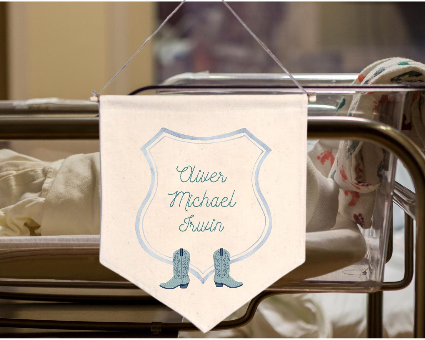 Embroidered boot Nursery Baby Boy Banner - Country Welcome Banner - Boy Hospital Door Sign - Country Baby Shower