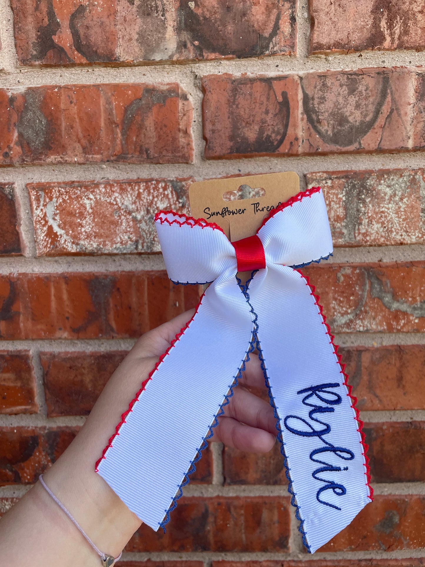 Patriotic Embroidered Bow with Name - Personalized Bow - Embroidered Moonstitch Bow - 4th of July bow with name