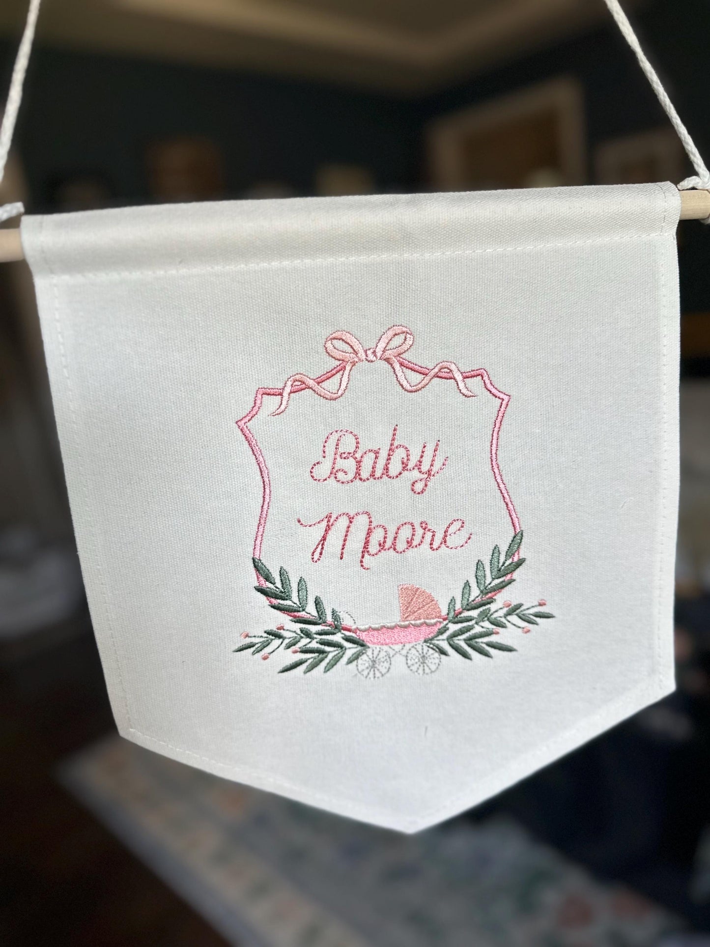 Embroidered Baby Banner with Girl Carriage Nursery Baby Banner - Garriage Welcome Banner - Girl Hospital Door Sign - Vintage Baby Shower