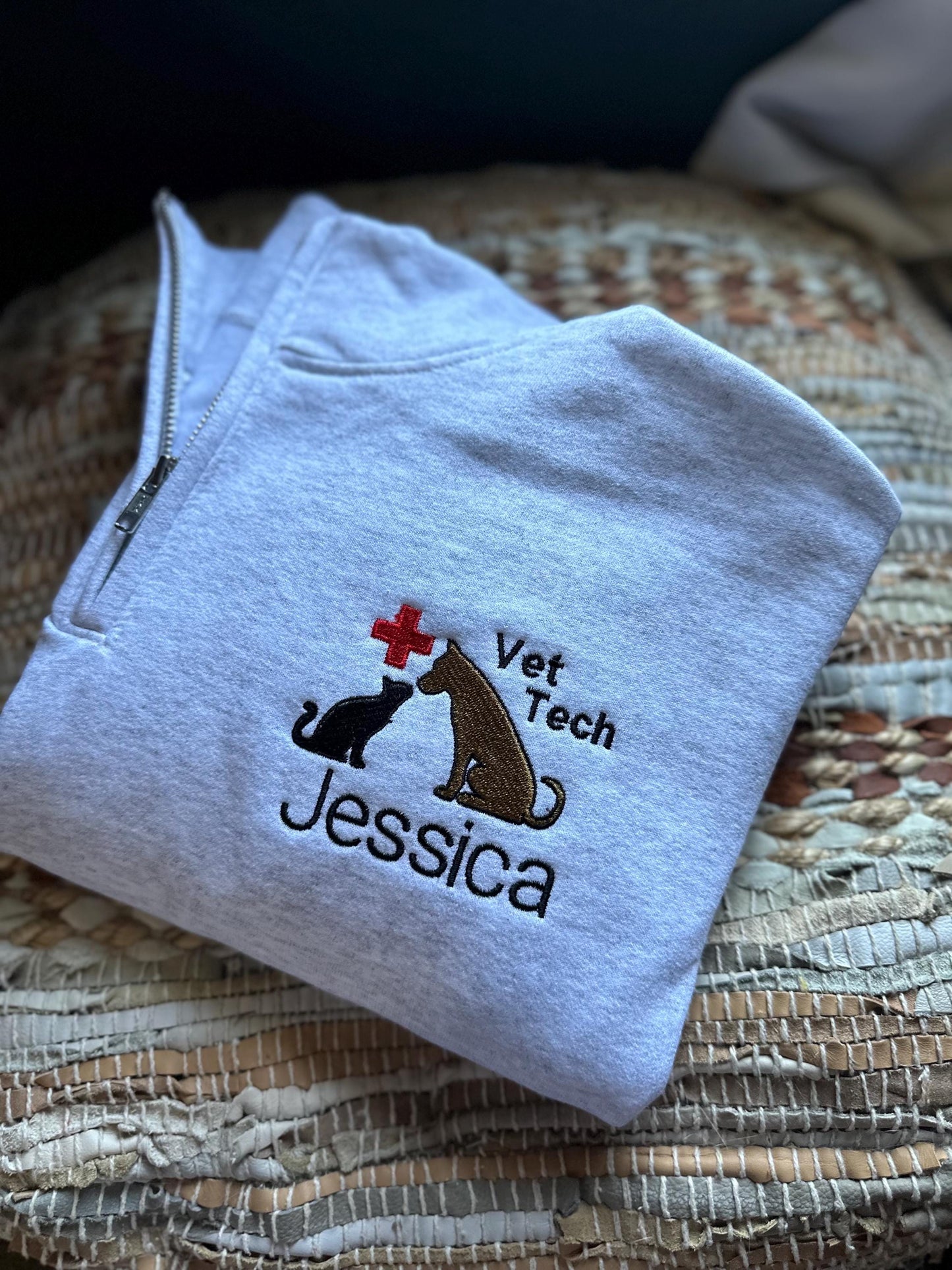 Custom Embroidered vet tech quarter zip - veterinarian medicine Jacket - animal hospital jacket - vet tech pullover - vet office quarter zip