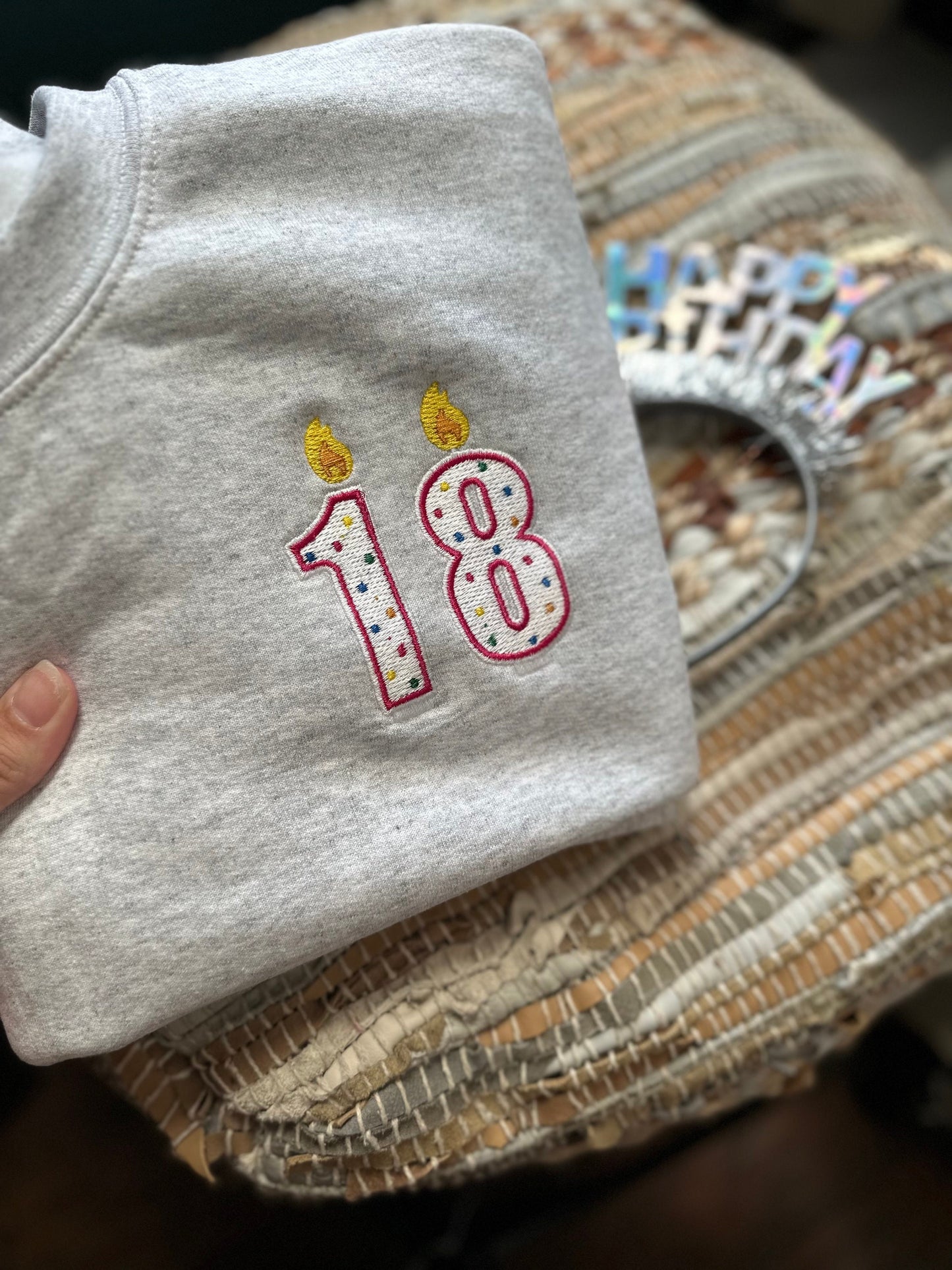 Embroidered birthday candle keepsake sweatshirt, birthday gift, personalized birthday sweatshirt, custom birthday sweatshirt