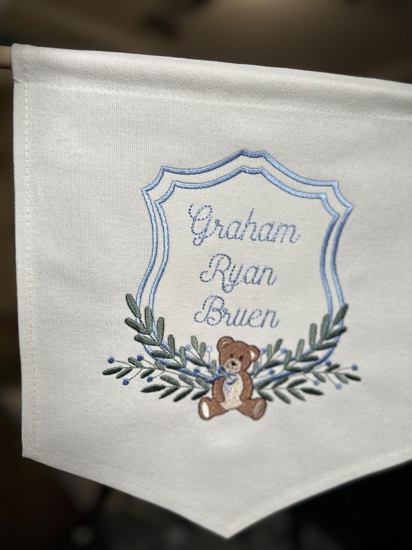 Embroidered Vintage Bear Nursery Baby Banner - Carriage Welcome Banner - Boy Hospital Door Sign - Vintage Baby Shower - Bear Banner