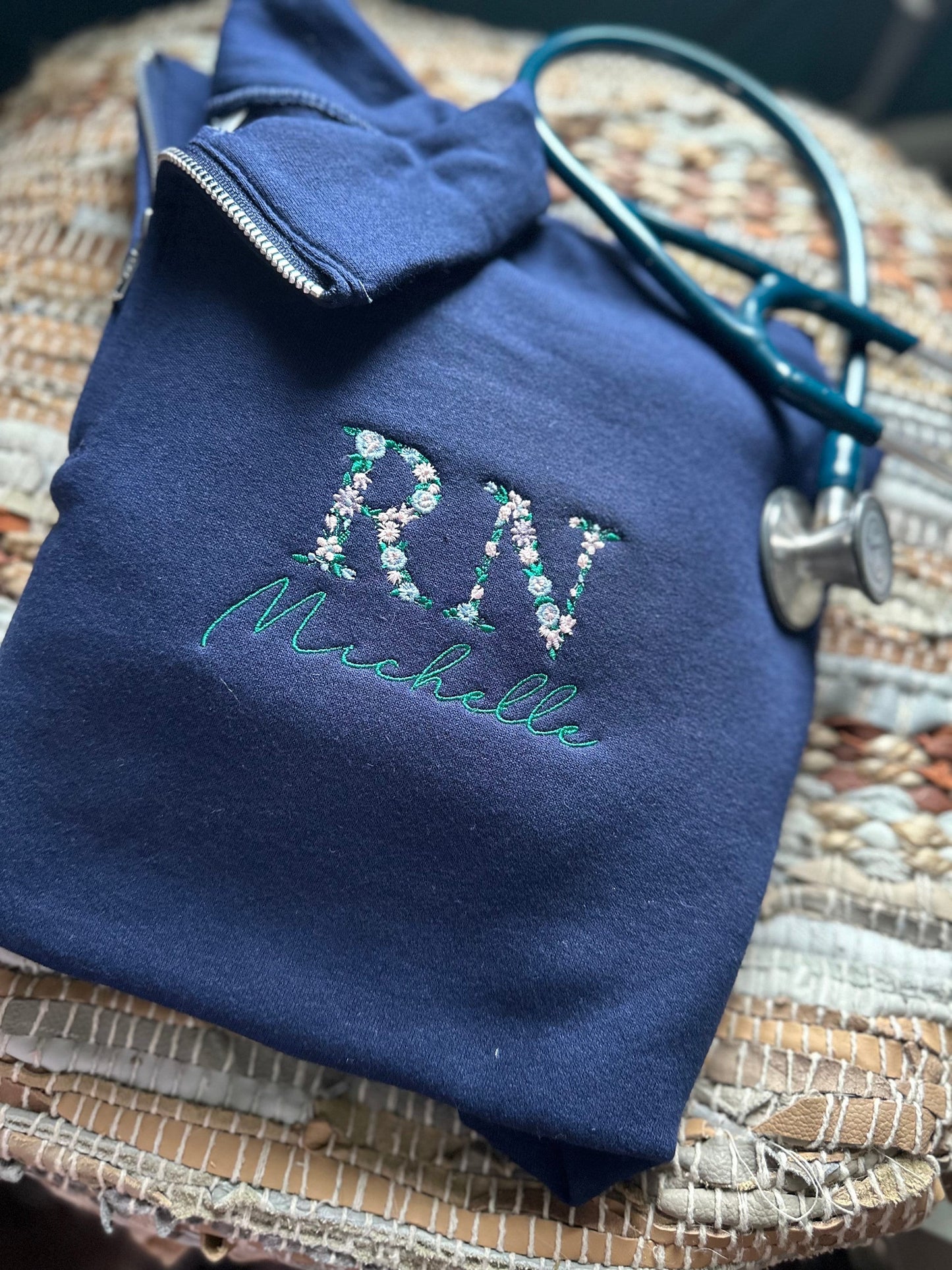 Custom Embroidered nurse quarter zip - Floral RN Jacket - Floral Nurse jacket - personalized quarter zip floral zip jack - nurse gift