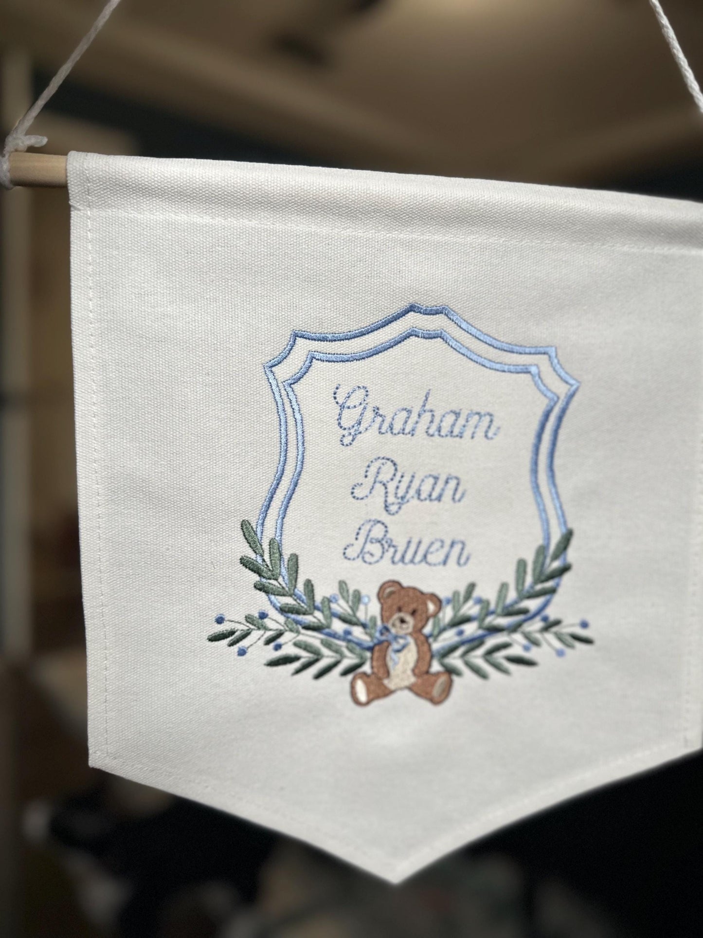 Embroidered Vintage Bear Nursery Baby Banner - Carriage Welcome Banner - Boy Hospital Door Sign - Vintage Baby Shower - Bear Banner