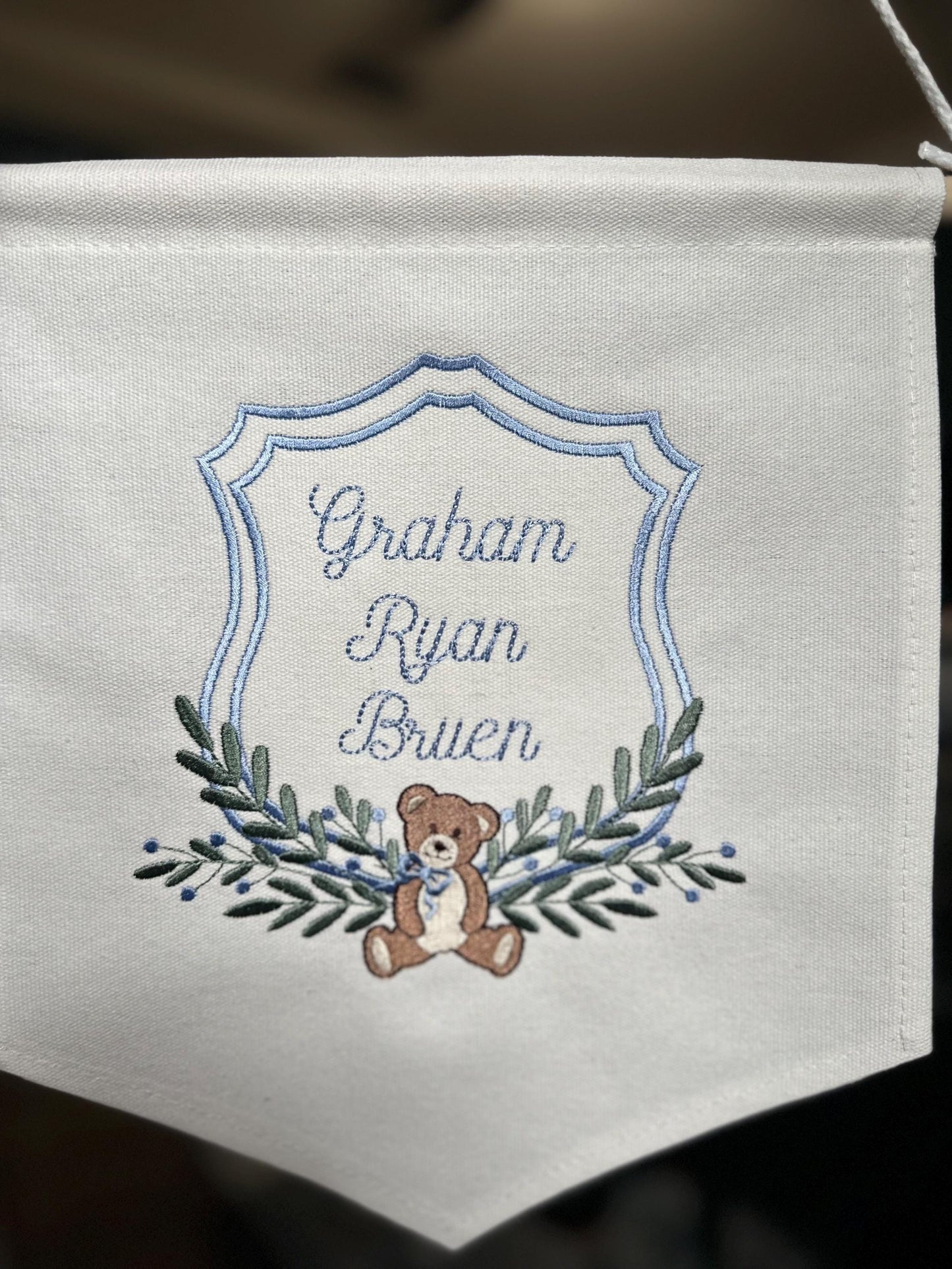 Embroidered Vintage Bear Nursery Baby Banner - Carriage Welcome Banner - Boy Hospital Door Sign - Vintage Baby Shower - Bear Banner
