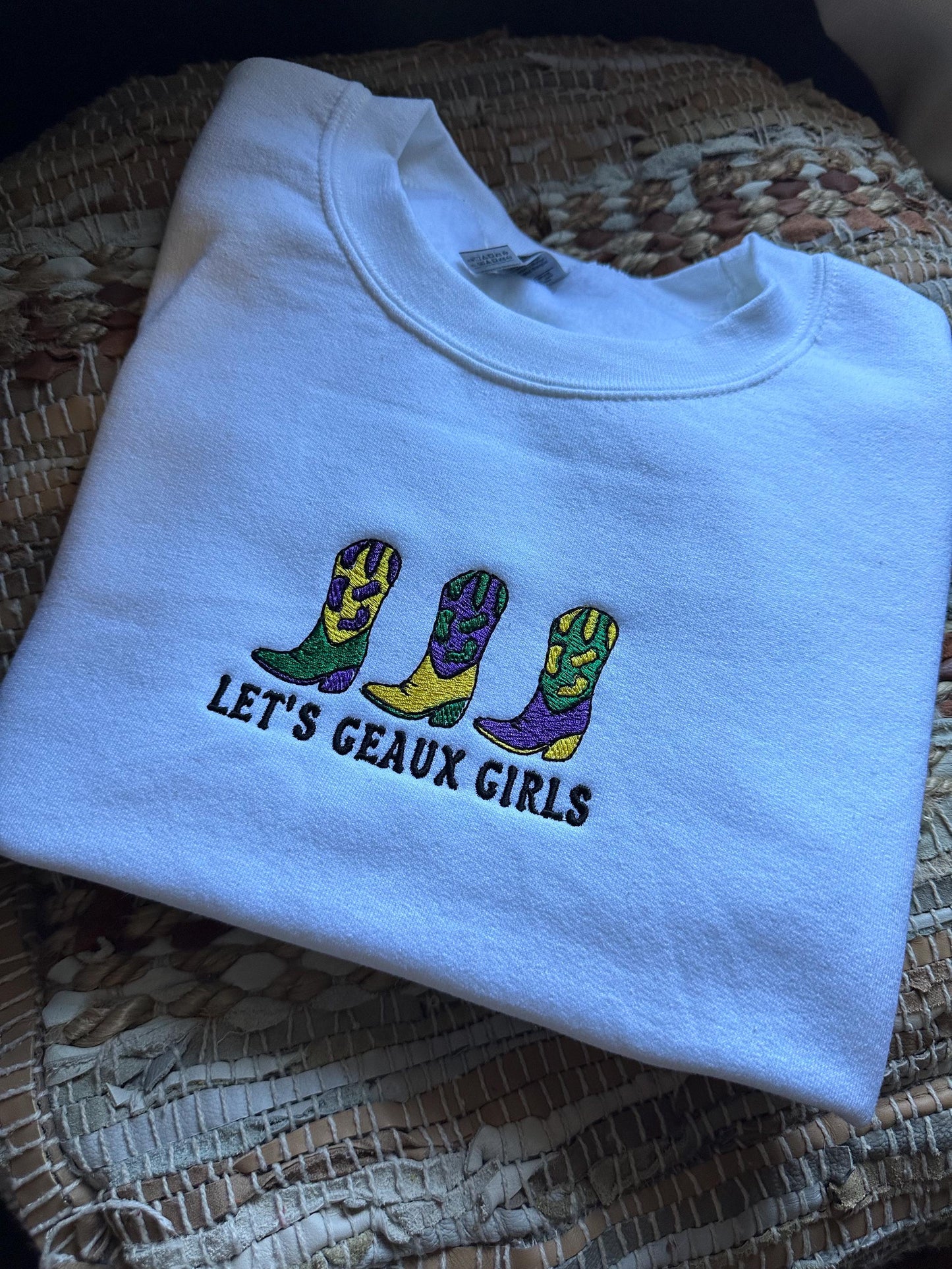 Custom Embroidered Mardi Gras Sweatshirt, Embroidered Louisiana Sweatshirt, Crawfish season, Embroidered cowgirl crewneck, Geaux Girls