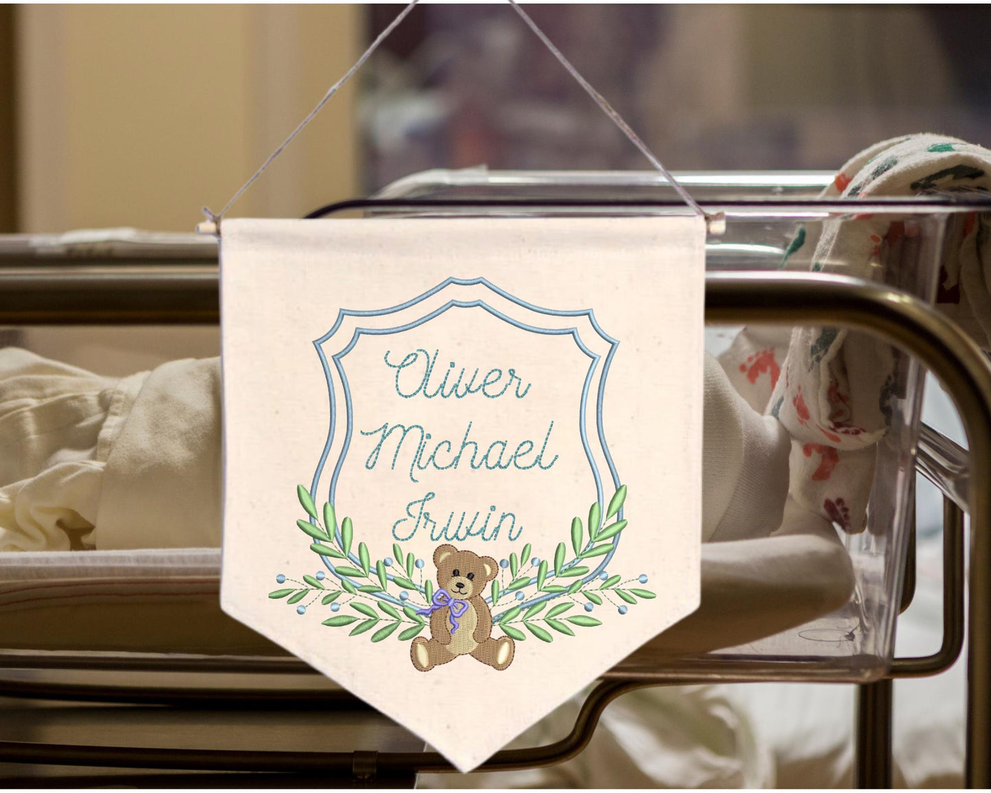 Embroidered Vintage Bear Nursery Baby Banner - Carriage Welcome Banner - Boy Hospital Door Sign - Vintage Baby Shower - Bear Banner