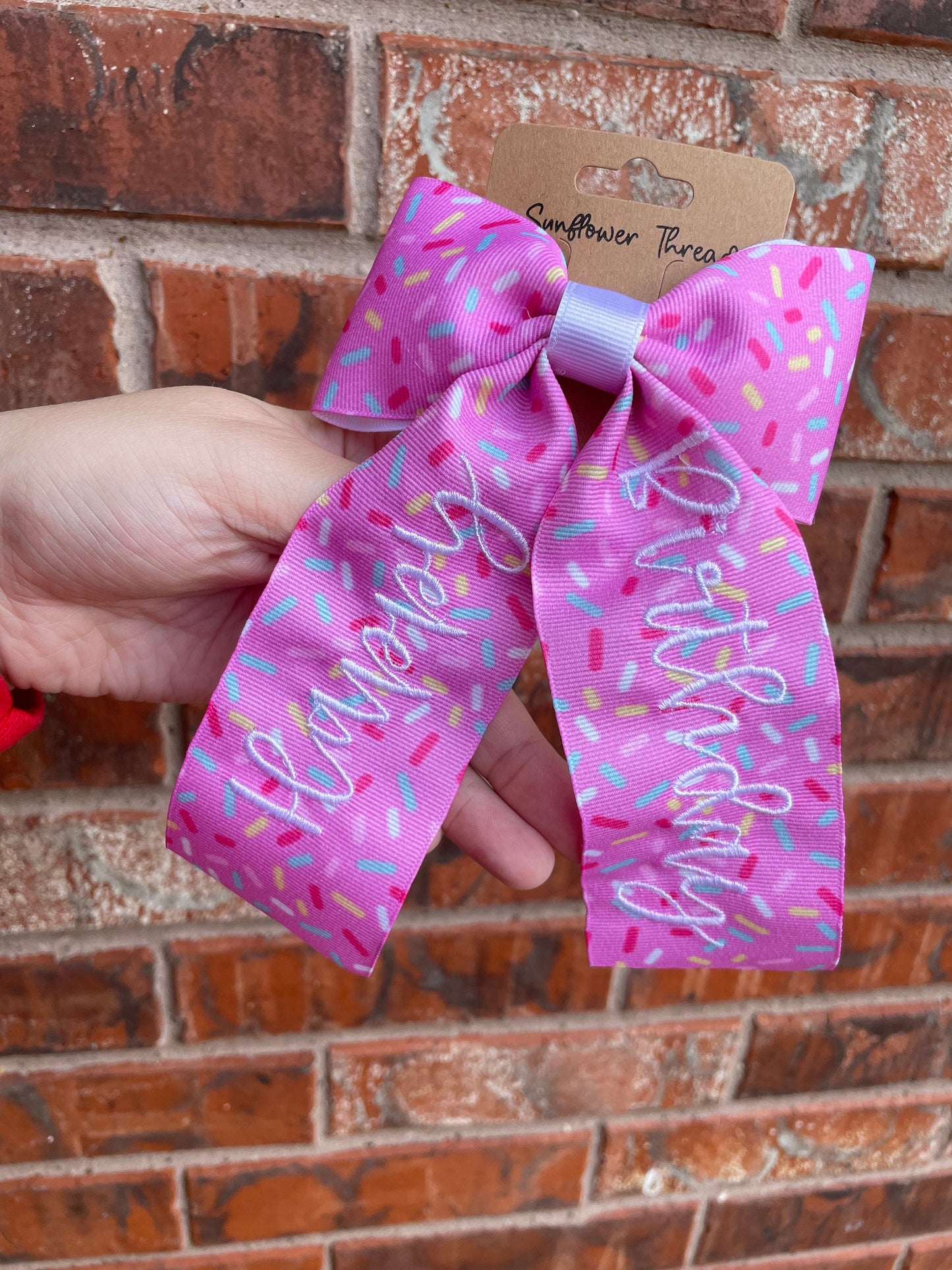 Embroidered sprinkle Happy Birthday Bow with Name - Personalized Happy Birthday Bow - Embroidered sprinkle Birthday Bow