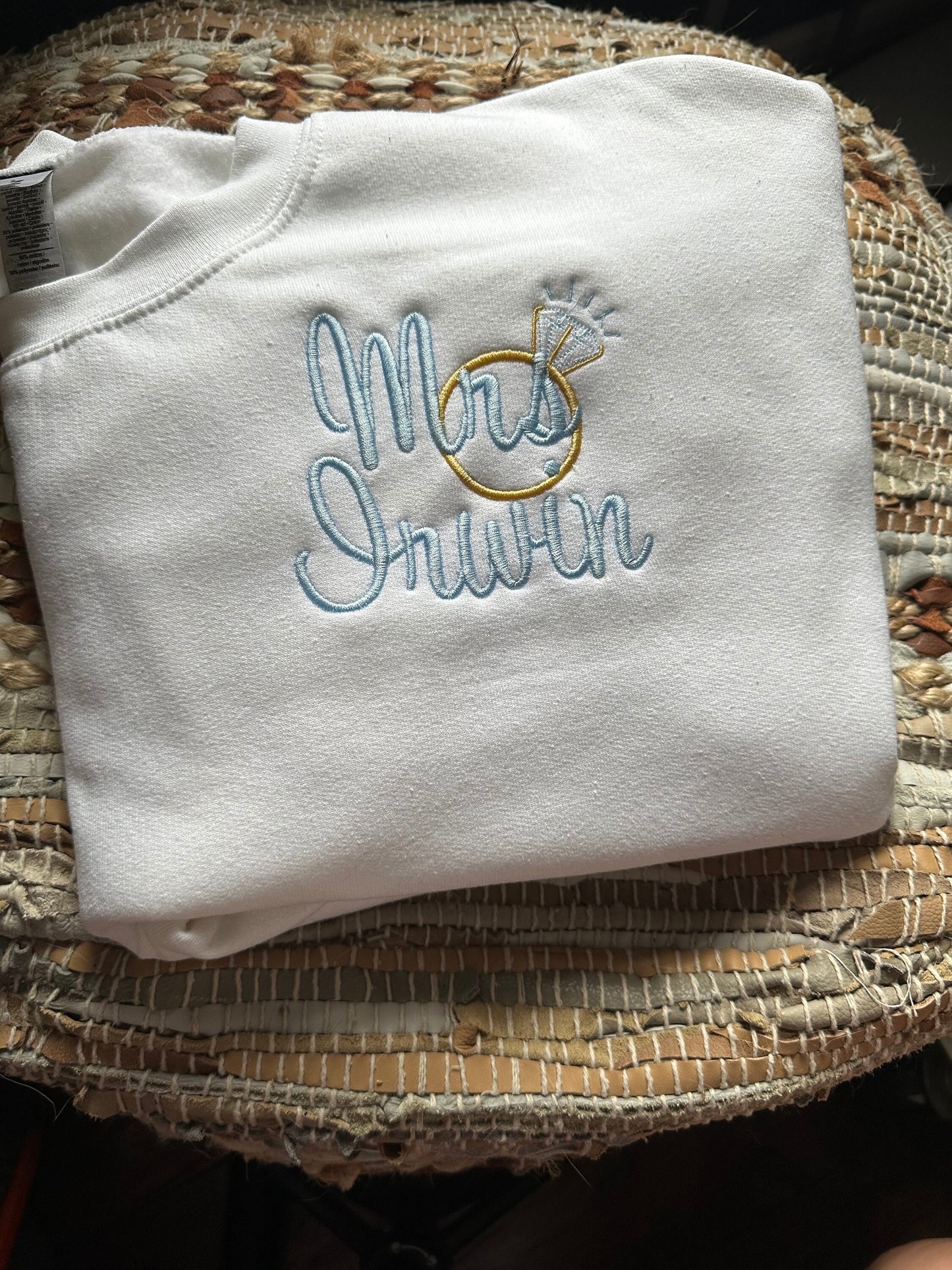 Embroidered Bride and ring sweatshirt - Domething Blue Shirt - Bridal shower gift - engagement ring shower gift - honeymoon sweatshirt