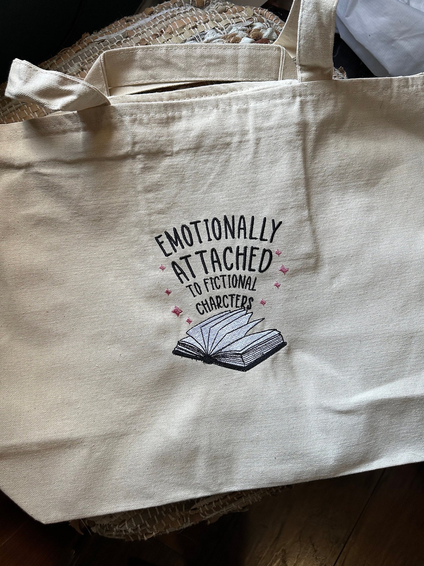 Embroidered Emotionally Attached to Fictional Character Book Tote - Book Bag - Book Store Bag - Library Bag - Booktok Canvas bag