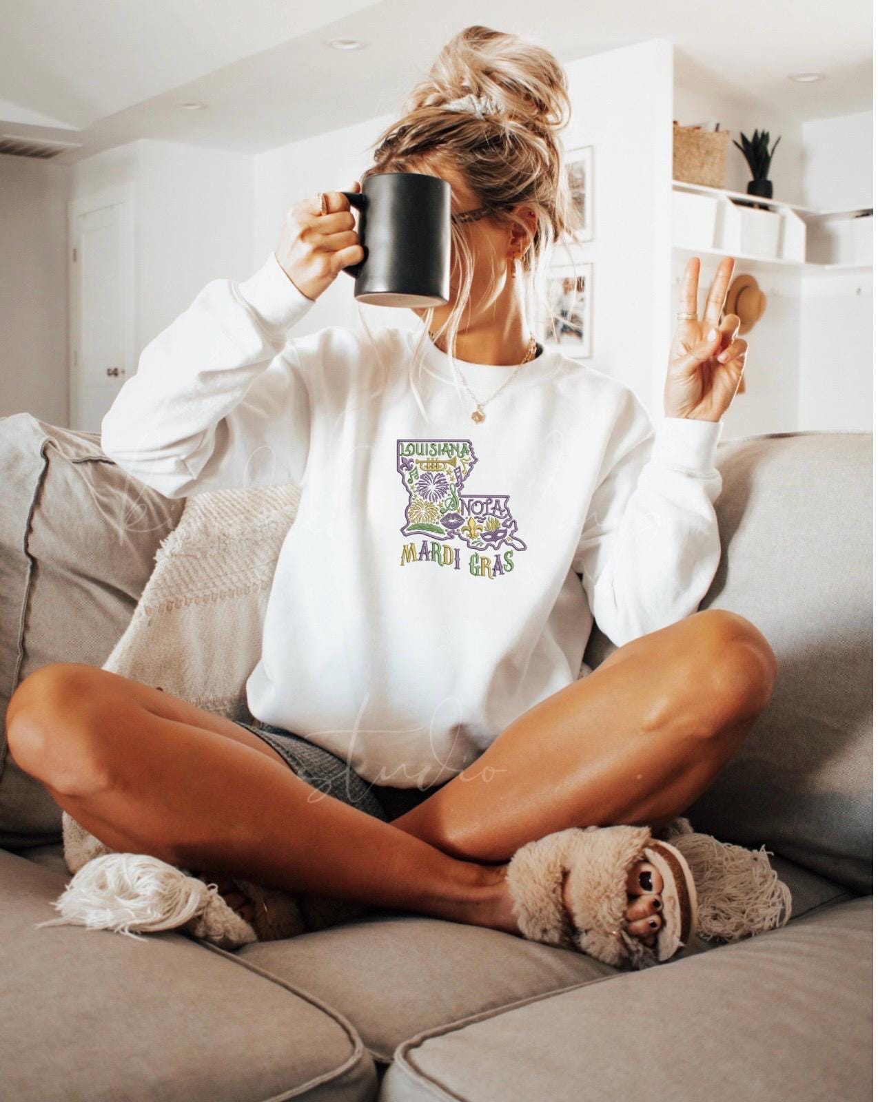 Custom Embroidered Mardi Gras Sweatshirt, Embroidered Louisiana Sweatshirt, Crawfish season, Embroidered cowgirl crewneck, Geaux Girls