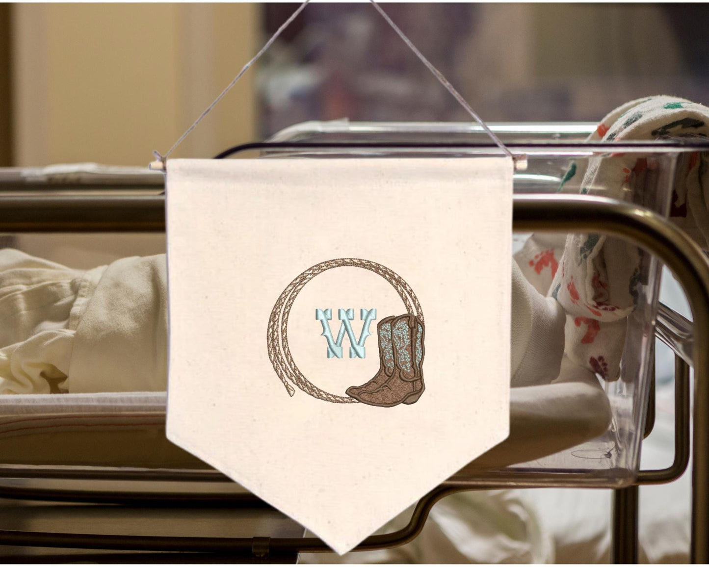 Embroidered boot Nursery Baby Boy Banner - Country Welcome Banner - Boy Hospital Door Sign - Country Baby Shower