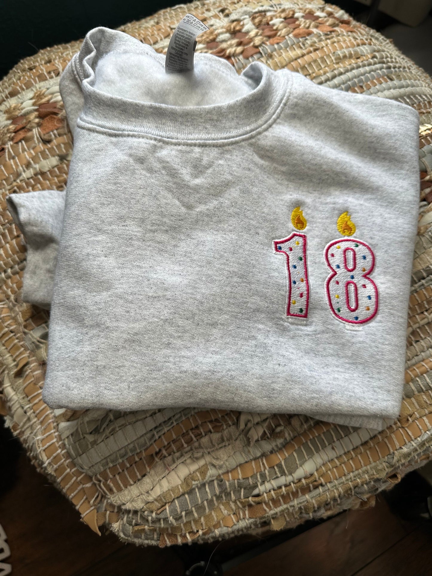 Embroidered birthday candle keepsake sweatshirt, birthday gift, personalized birthday sweatshirt, custom birthday sweatshirt