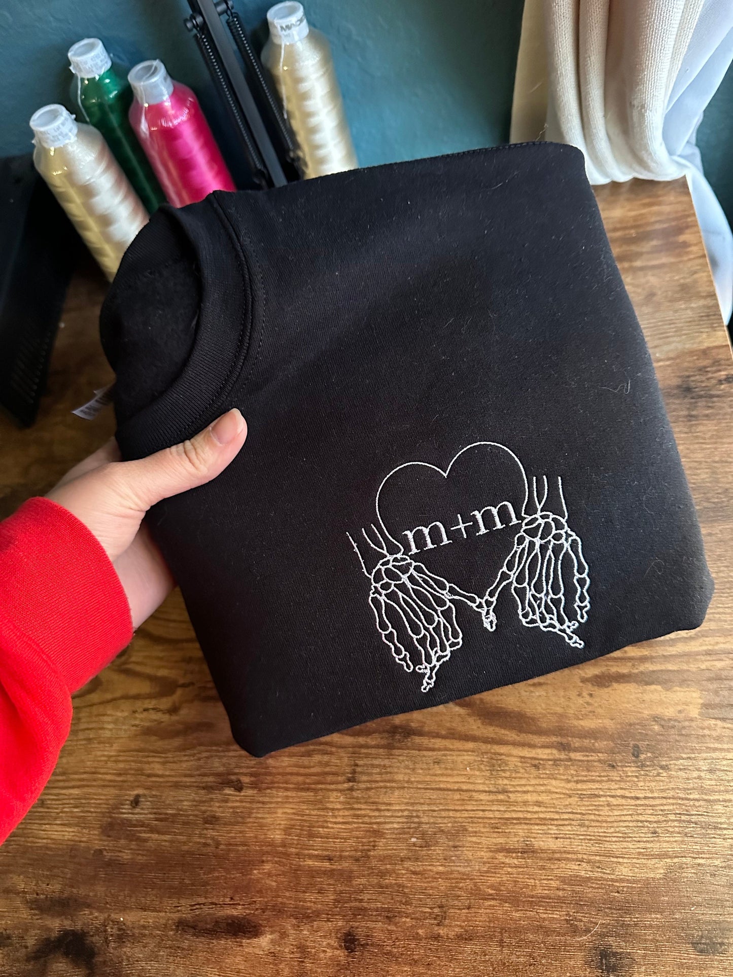 Embroidered Skeleton heart hands with initials Valentine’s Day Sweatshirt - couples sweatshirt sweatshirt - punk sweatshirt