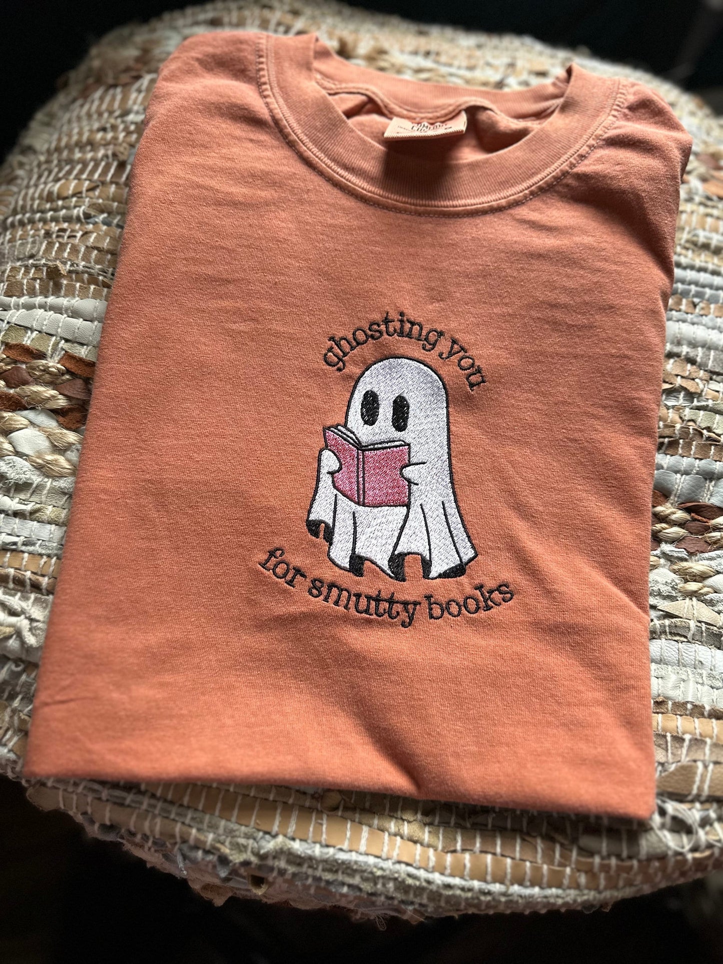 Embroidered Halloween book shirt - ghost Shirt - smutty book shirt - cute Halloween shirt - ghosting you for a smutty book - booktok shirt