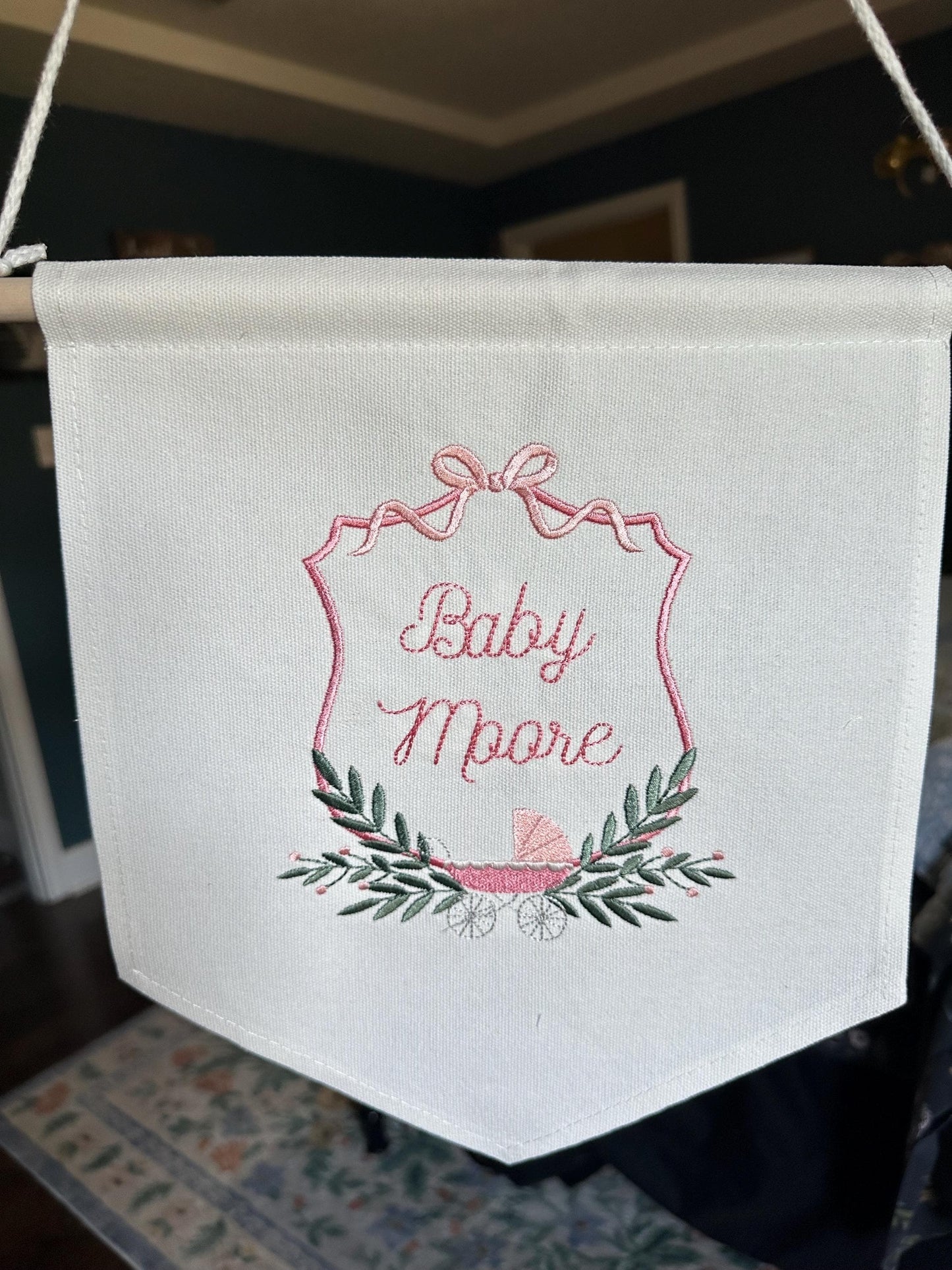 Embroidered Baby Banner with Girl Carriage Nursery Baby Banner - Garriage Welcome Banner - Girl Hospital Door Sign - Vintage Baby Shower