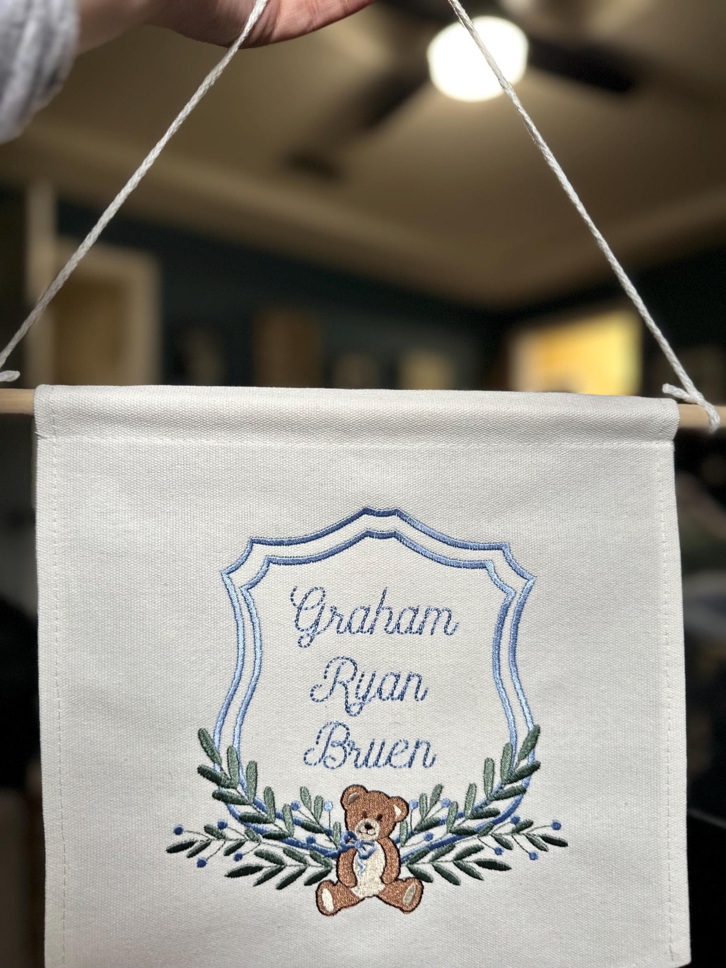 Embroidered Vintage Bear Nursery Baby Banner - Carriage Welcome Banner - Boy Hospital Door Sign - Vintage Baby Shower - Bear Banner