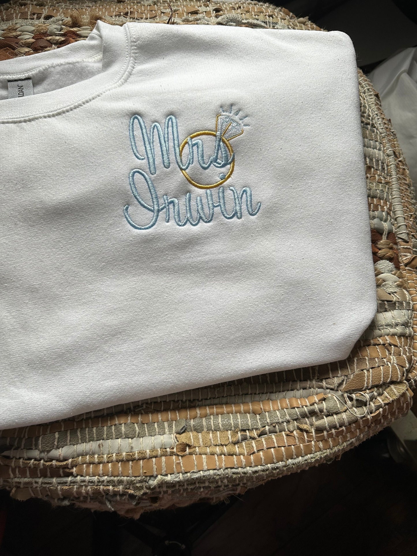 Embroidered Bride and ring sweatshirt - Domething Blue Shirt - Bridal shower gift - engagement ring shower gift - honeymoon sweatshirt