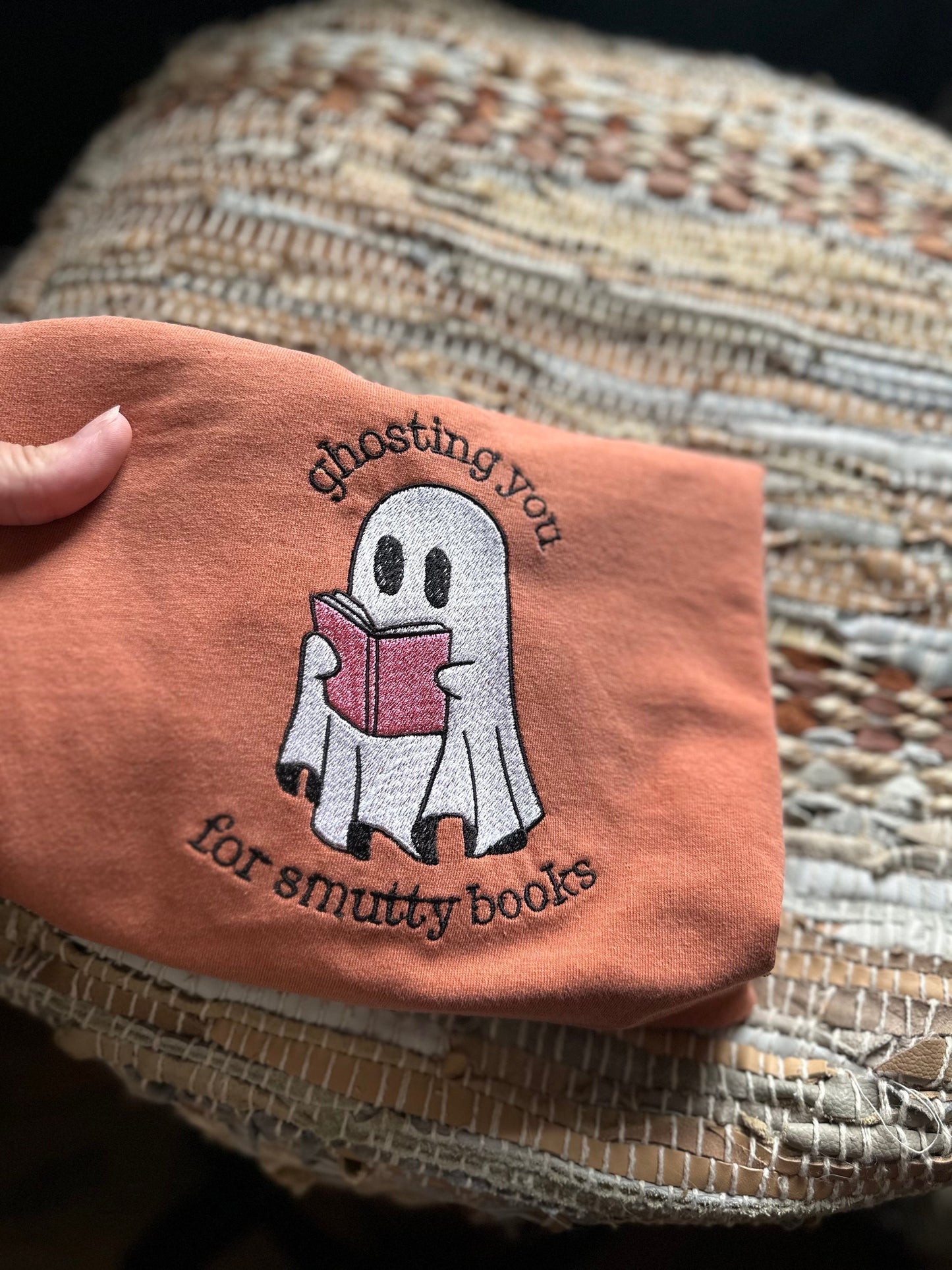 Embroidered Halloween book shirt - ghost Shirt - smutty book shirt - cute Halloween shirt - ghosting you for a smutty book - booktok shirt