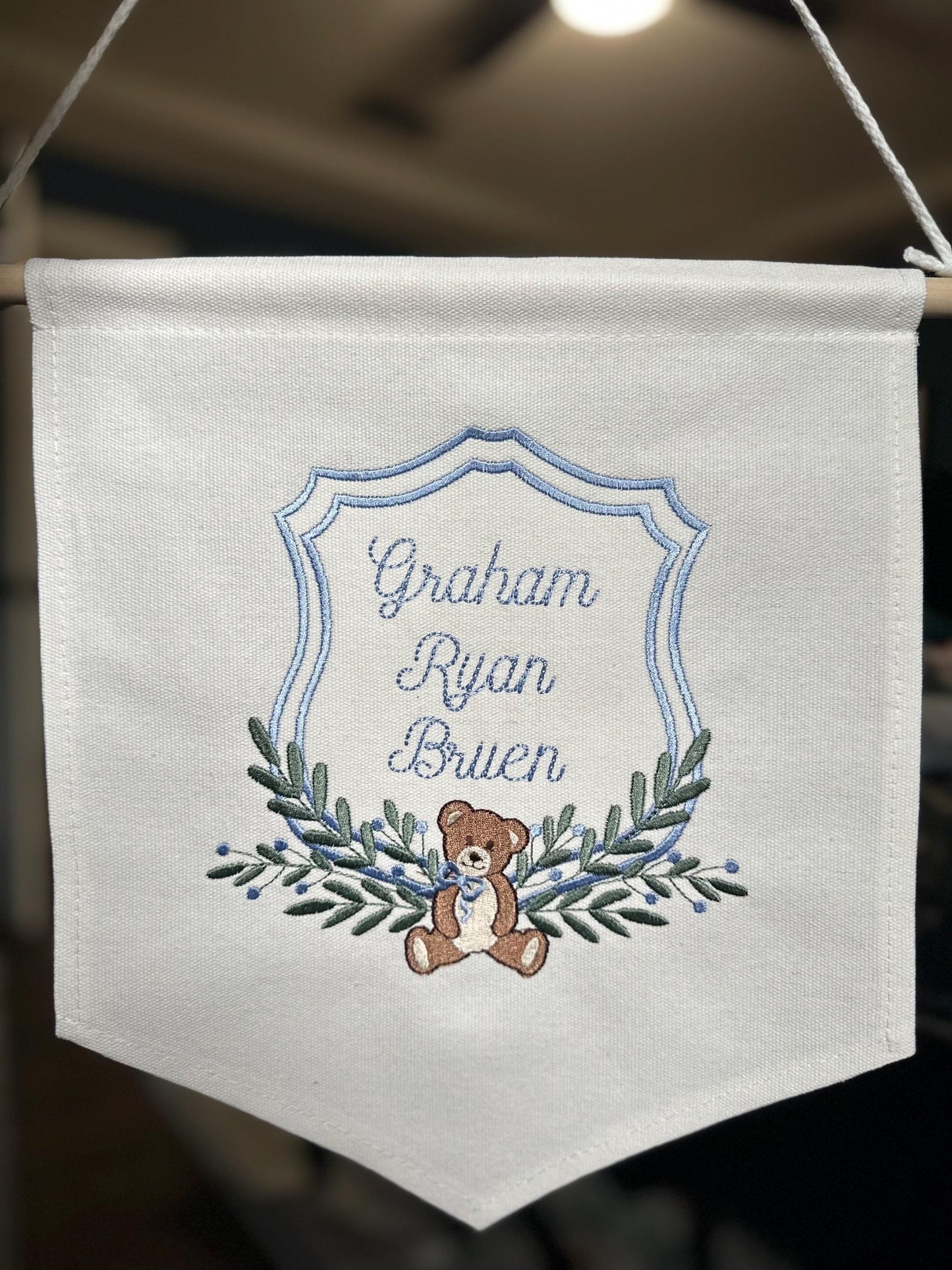 Embroidered Vintage Bear Nursery Baby Banner - Carriage Welcome Banner - Boy Hospital Door Sign - Vintage Baby Shower - Bear Banner