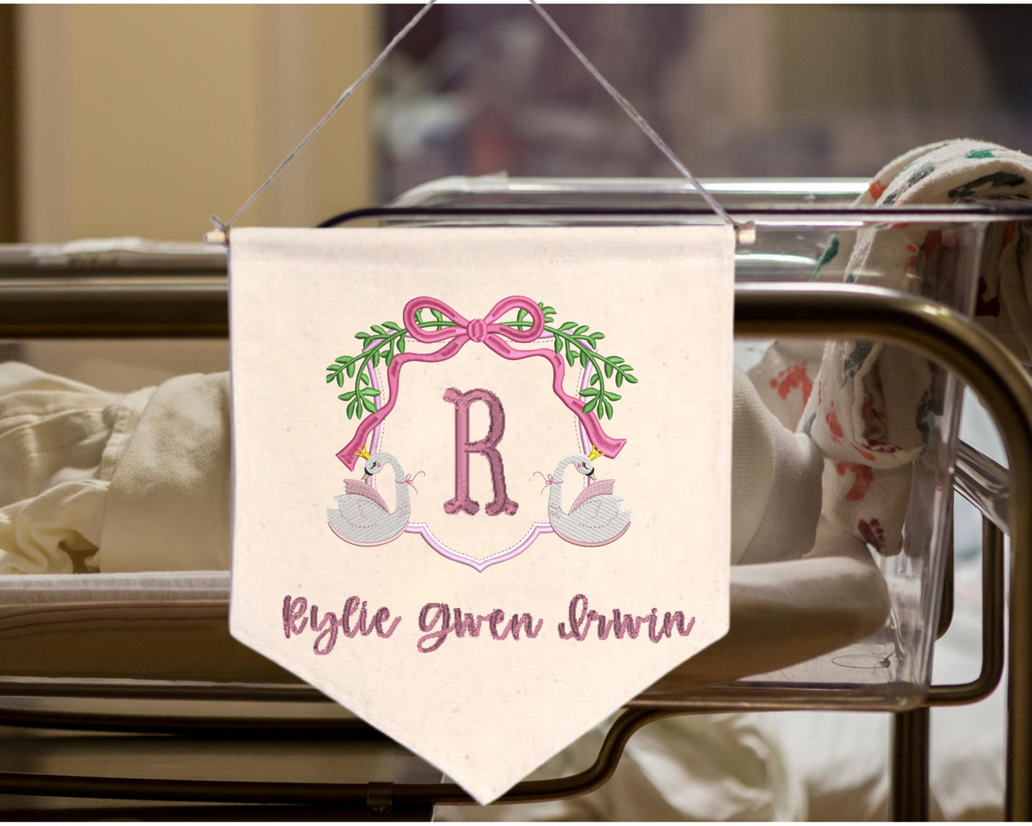 Embroidered Baby Banner with Girl Swan Nursery Baby Banner - Swan Welcome Banner - Girl Hospital Door Sign - Vintage Baby Shower
