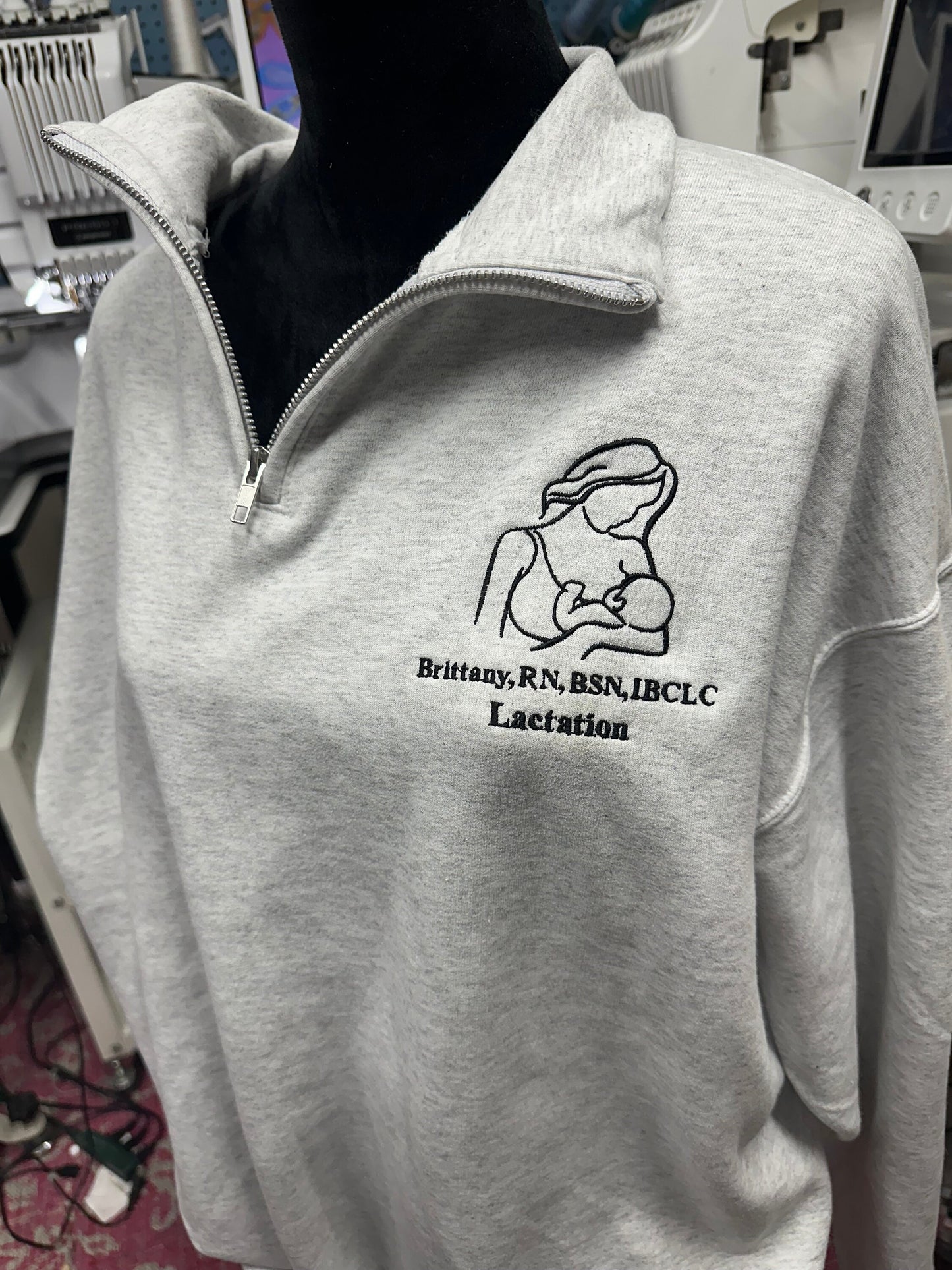 Custom Embroidered lactation quarter zip post partum pullover midwife jacket, personalized doula quarter, lactation jacket, IBCLC, WBW