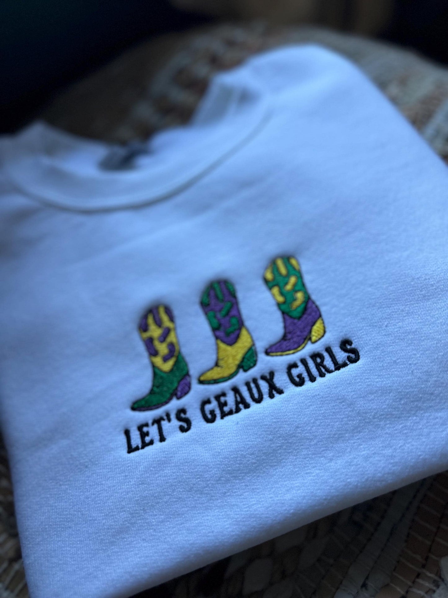 Custom Embroidered Mardi Gras Sweatshirt, Embroidered Louisiana Sweatshirt, Crawfish season, Embroidered cowgirl crewneck, Geaux Girls