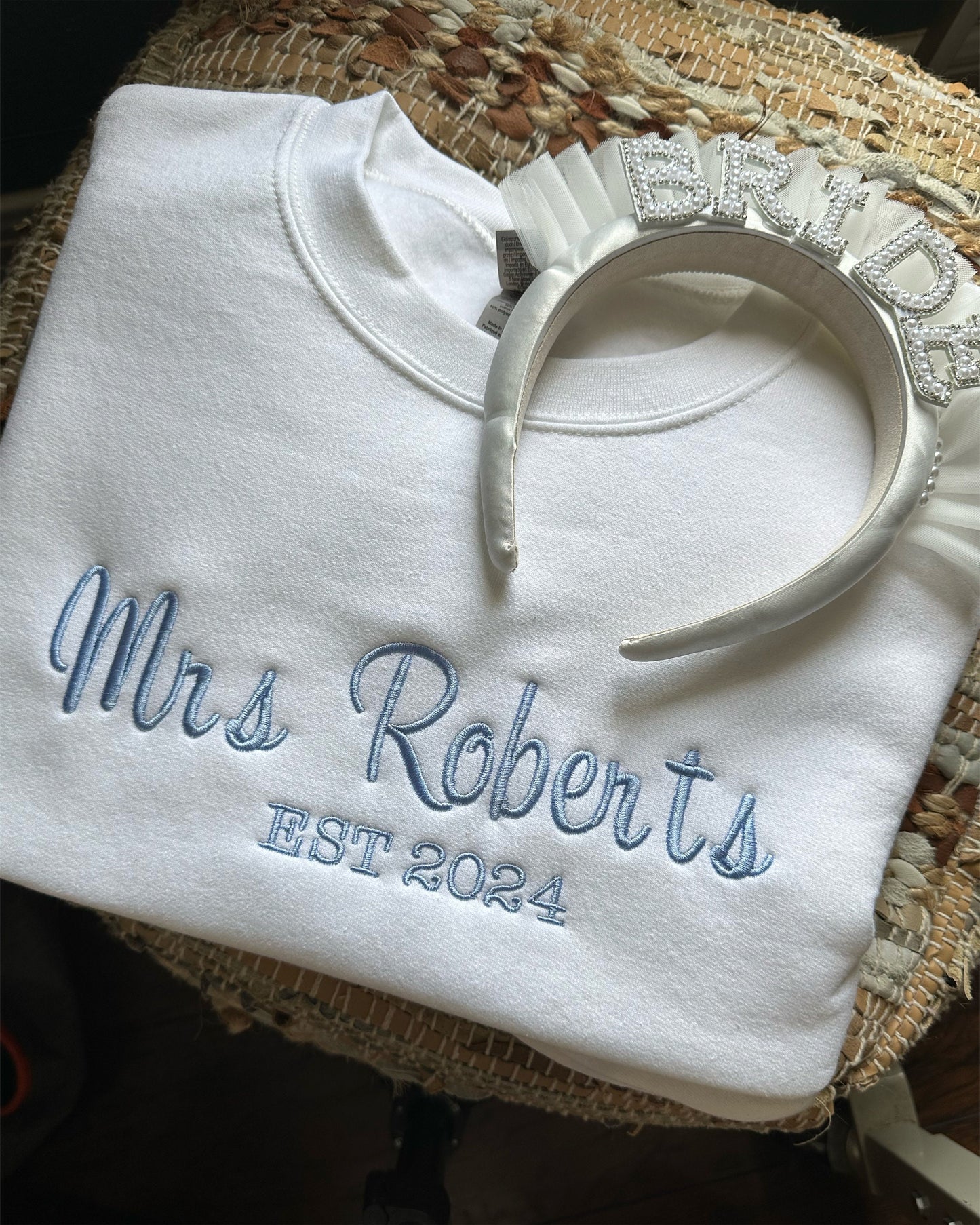 Embroidered bride sweatshirt - Domething Blue Shirt - Bridal shower gift - honeymoon sweatshirt - engagement sweatshirt - last name sweatsh