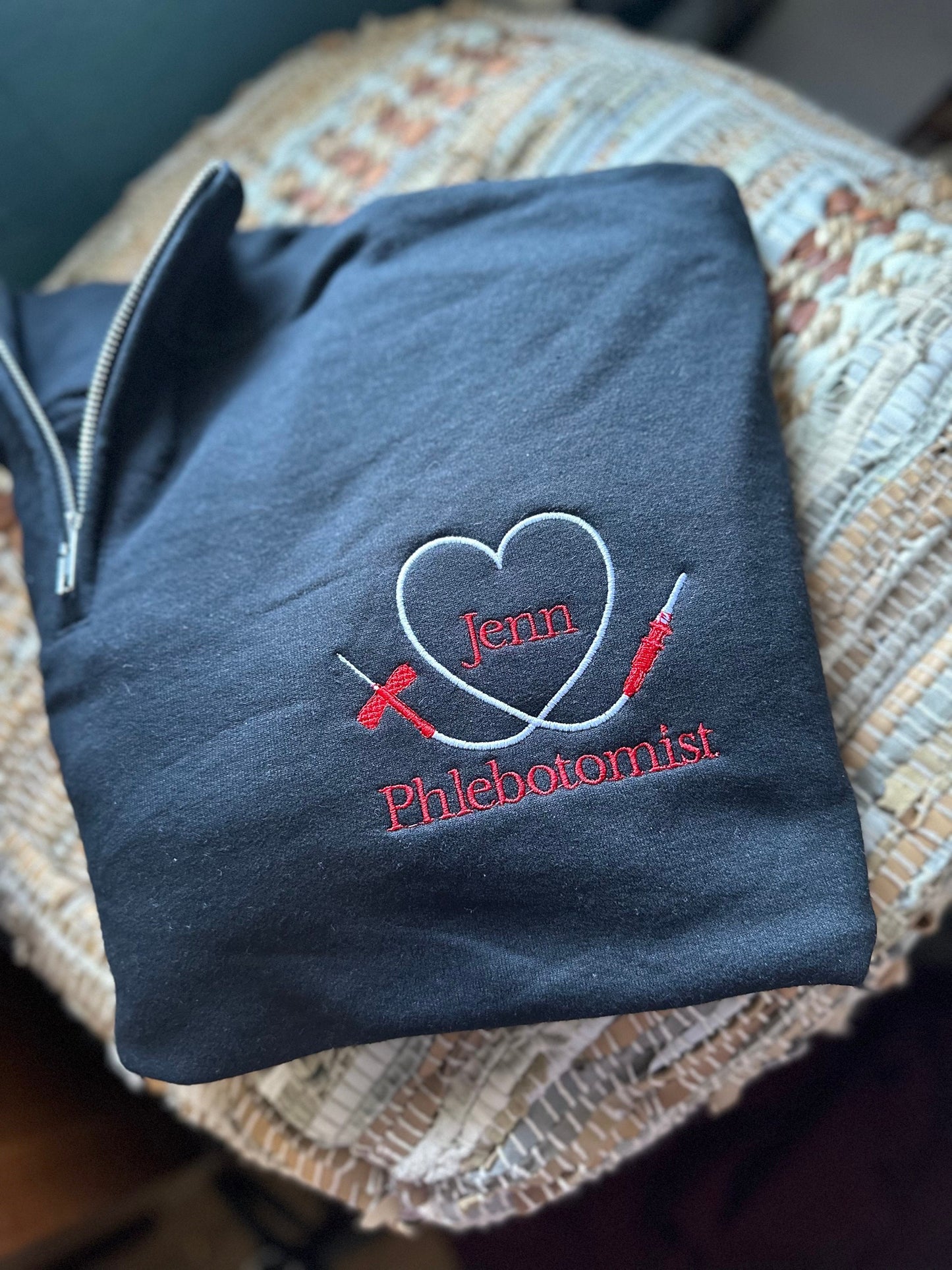 Custom Embroidered phlebotomy quarter zip, phlebotomist jacket, lab jacket, personalized phlebotomy lab tech quarter zip, lab gift, lab draw