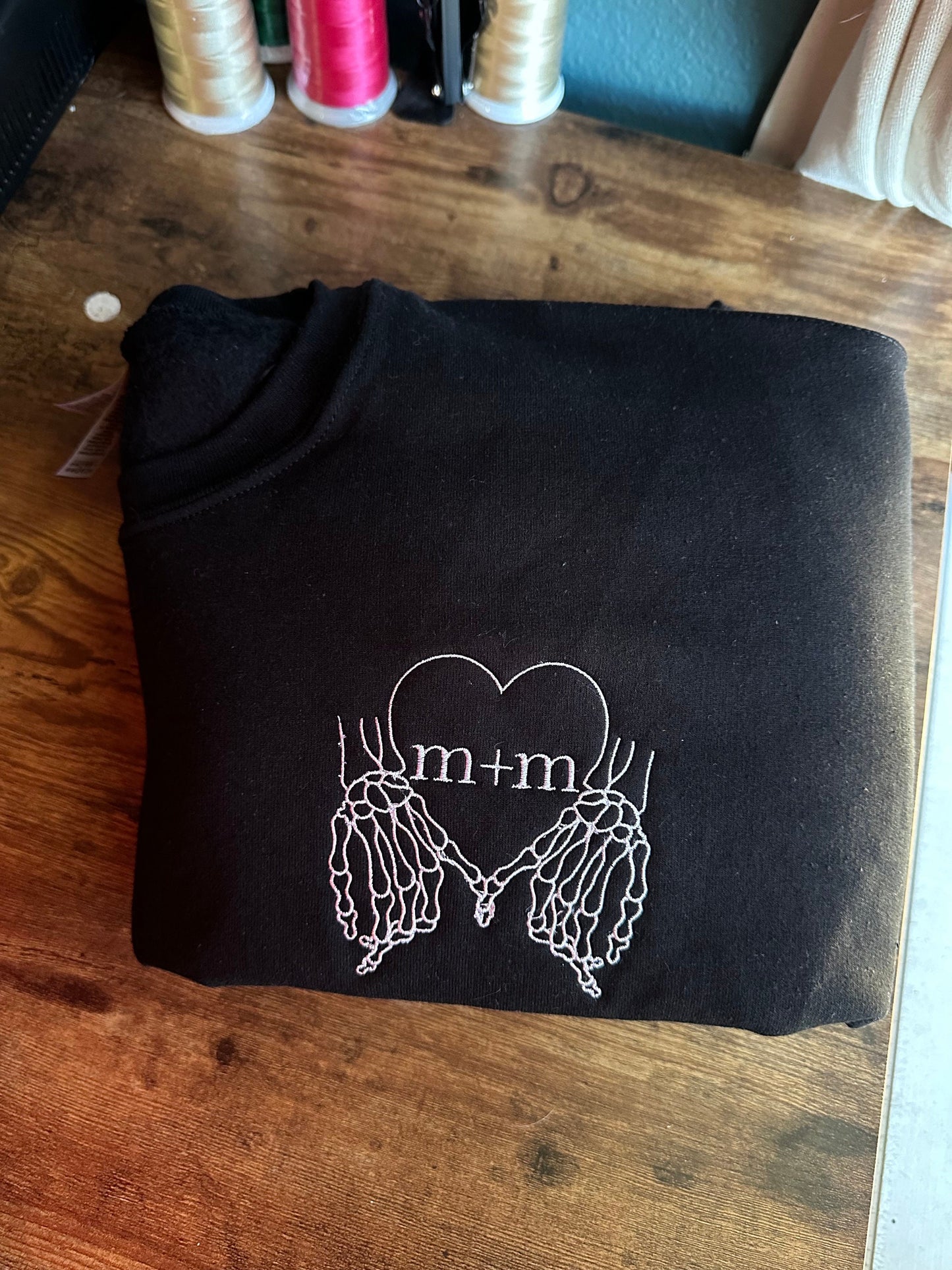 Embroidered Skeleton heart hands with initials Valentine’s Day Sweatshirt - couples sweatshirt sweatshirt - punk sweatshirt