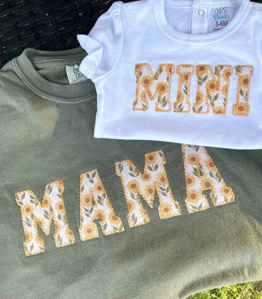 Embroidered Sunflower Mama Short Sleeve Shirt - Appliqué Mama Shirt - Mama gift - mama and mini matching set - mom and daughter shirt