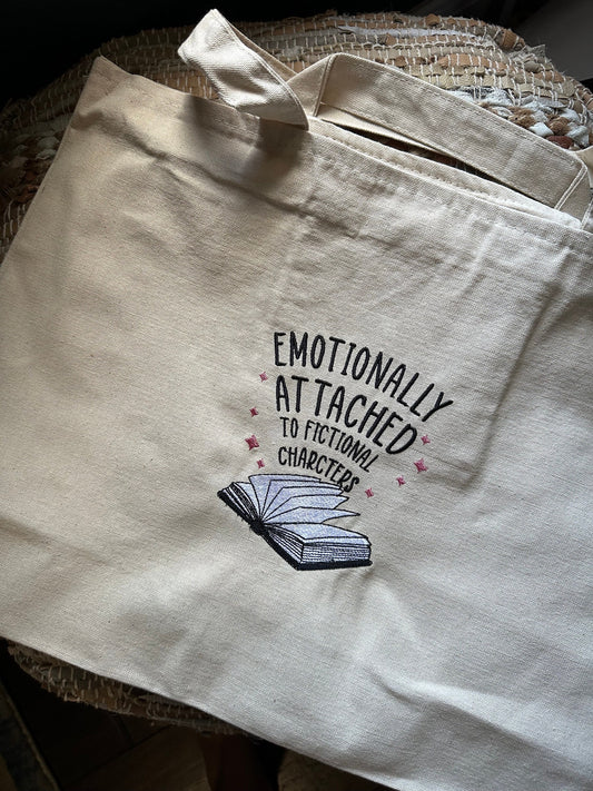 Embroidered Emotionally Attached to Fictional Character Book Tote - Book Bag - Book Store Bag - Library Bag - Booktok Canvas bag