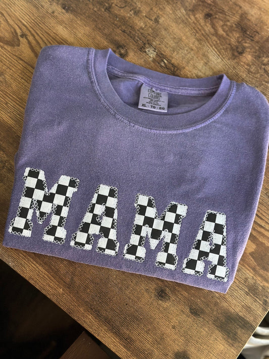 Embroidered checkered Mama Short Sleeve Shirt - Appliqué Mama Shirt - Mama gift - Mom gift
